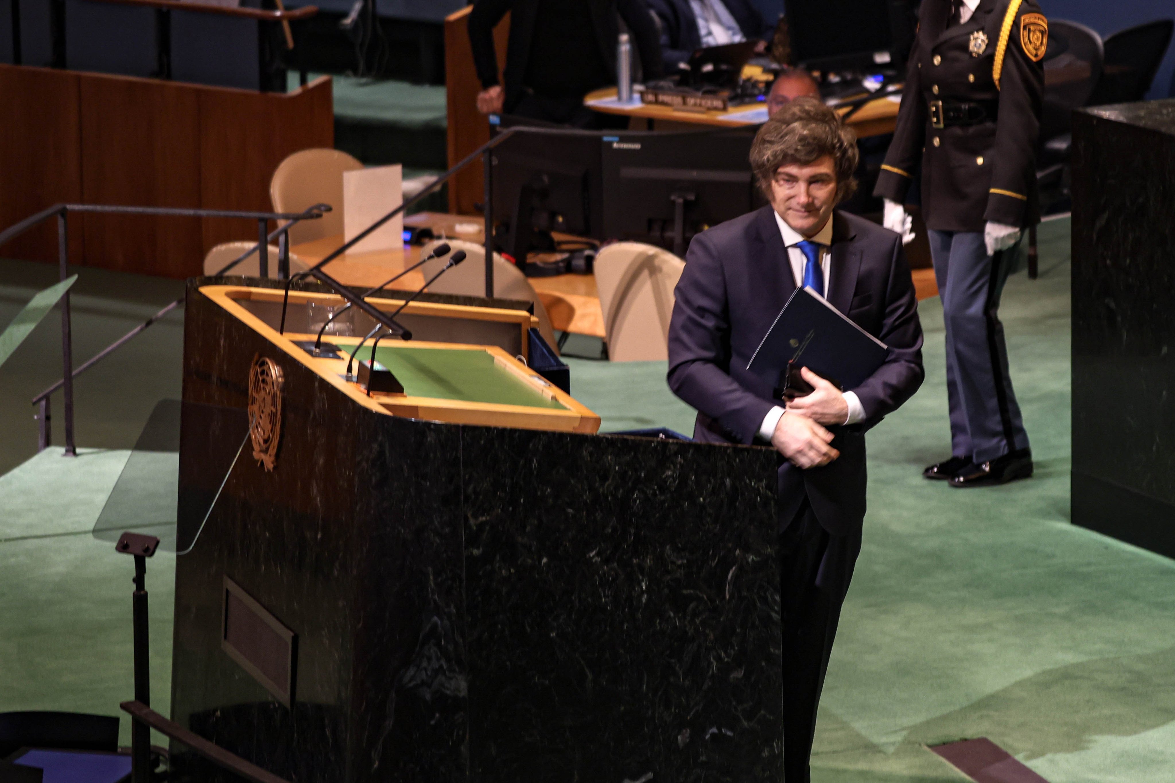 Argentine President Javier Milei leaves the podium after speaking at the general debate of the UN General Assembly in New York on Thursday. Photo: Zuma