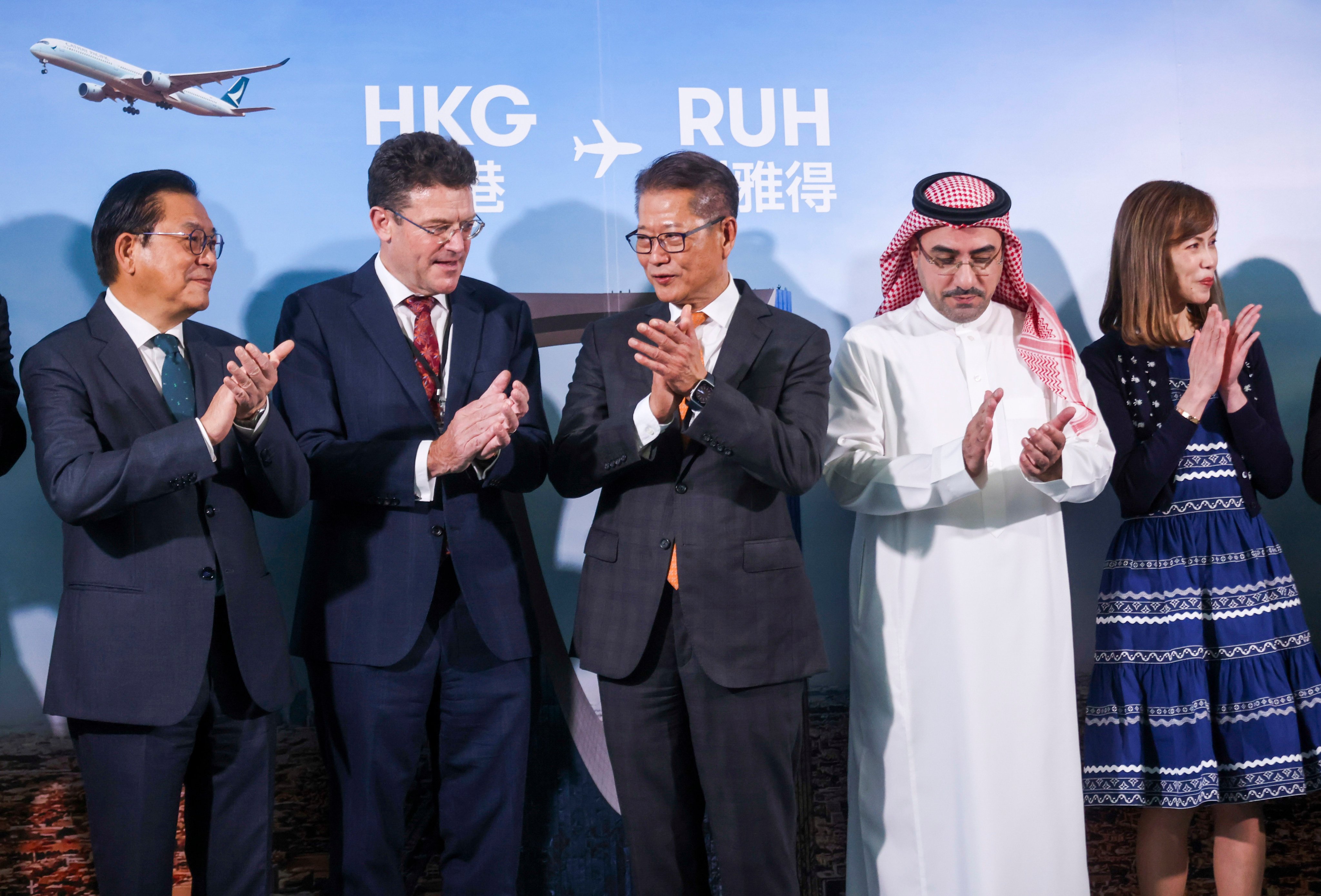 (From left to right) Legislative Council member Jeffrey Lam, Cathay Group chair Patrick Healy, Finance Secretary Paul Chan, Consul General of Saudi Arabia Hamad Aljebreen, and Cathay chief customer and commercial officer Lavina Lau attend the launch ceremony of Cathay’s Hong Kong-Riyadh route on October 28, 2024. Photo: Jonathan Wong