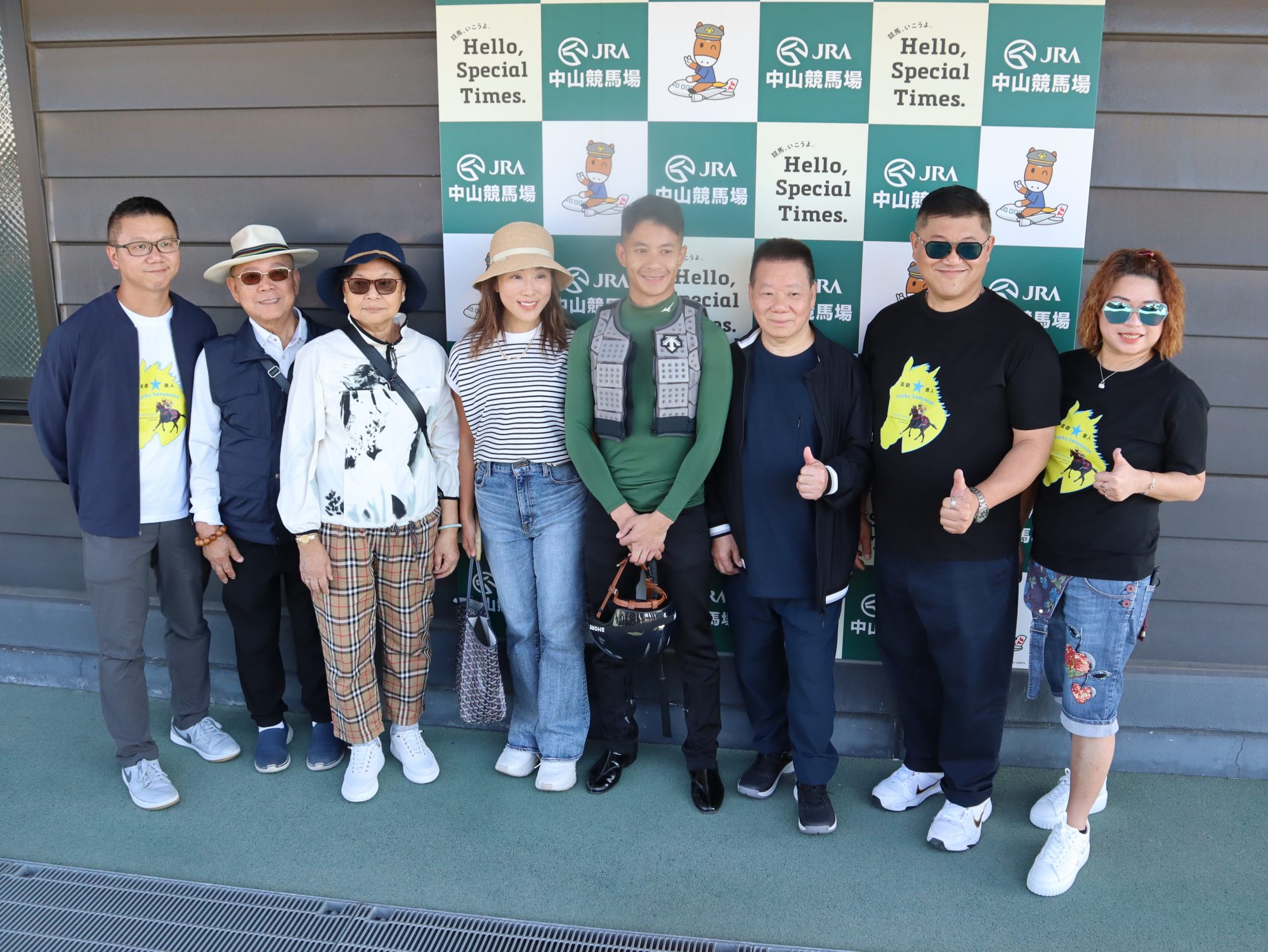 Jockey Derek Leung, trainer Manfred Man (third from right) and the owners of Lucky Sweynesse ahead of Sunday’s Sprinters Stakes at Nakayama. Jockey Derek Leung, trainer Manfred Man (third from right) and the owners of Lucky Sweynesse ahead of Sunday’s Sprinters Stakes at Nakayama.