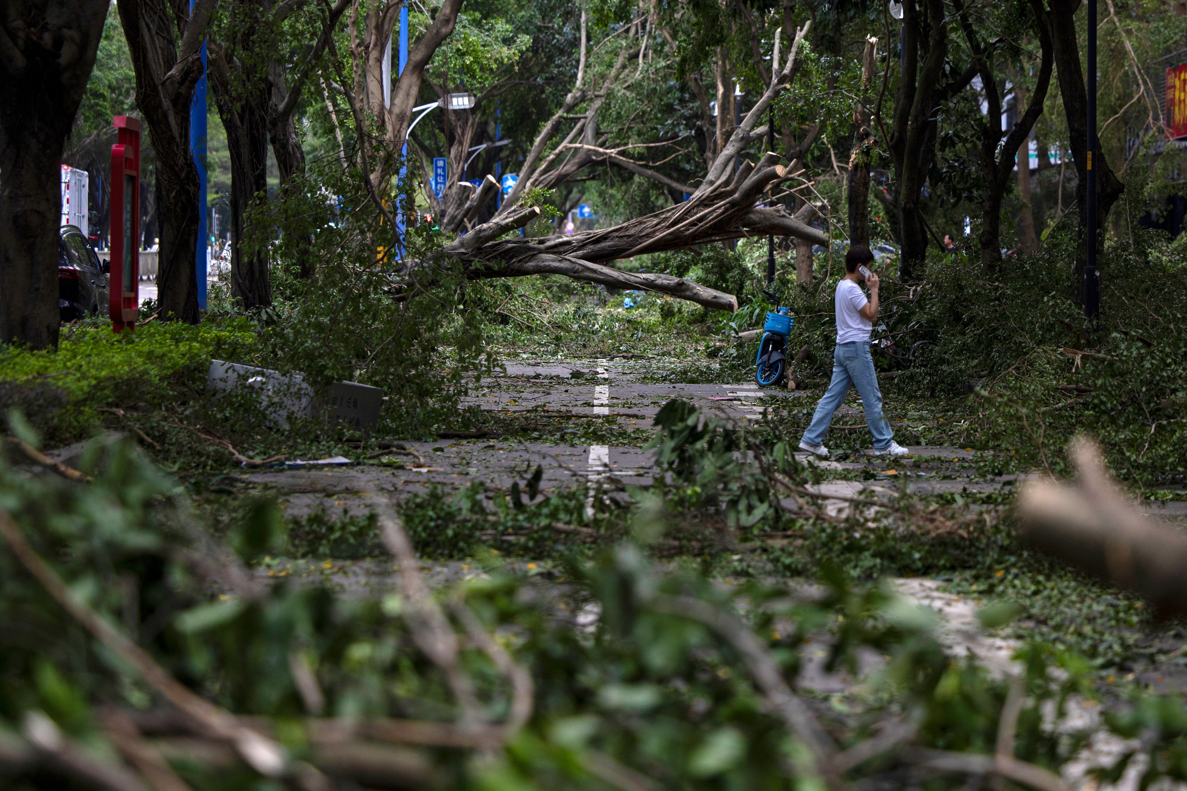 In Yangjiang, Guangdong province, fallen trees and debris are among damage from Super Typhoon Ragasa visible on Thursday. Photo: EPA