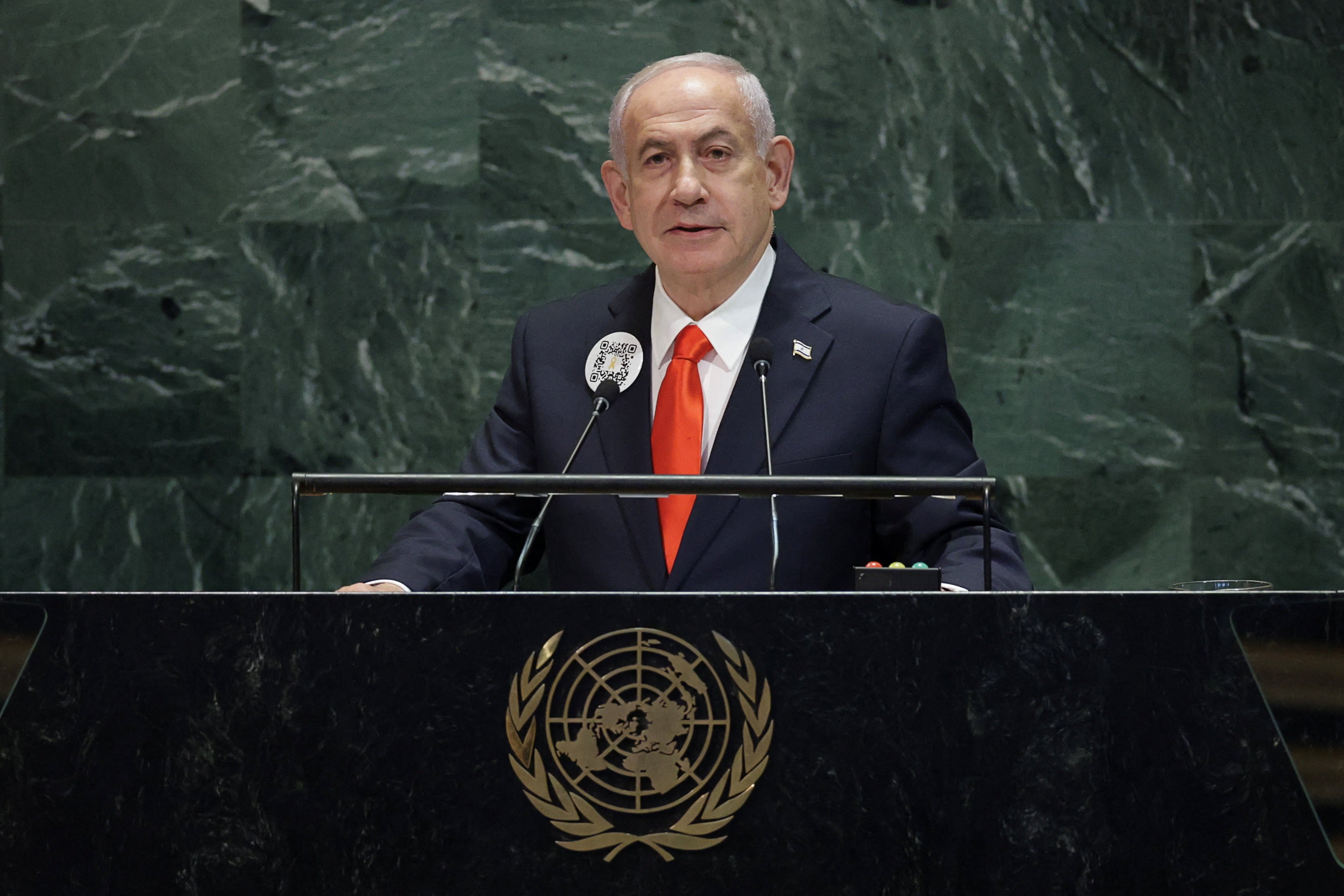 Israeli Prime Minister Benjamin Netanyahu addresses the 80th United Nations General Assembly in New York on Friday. Photo: Reuters