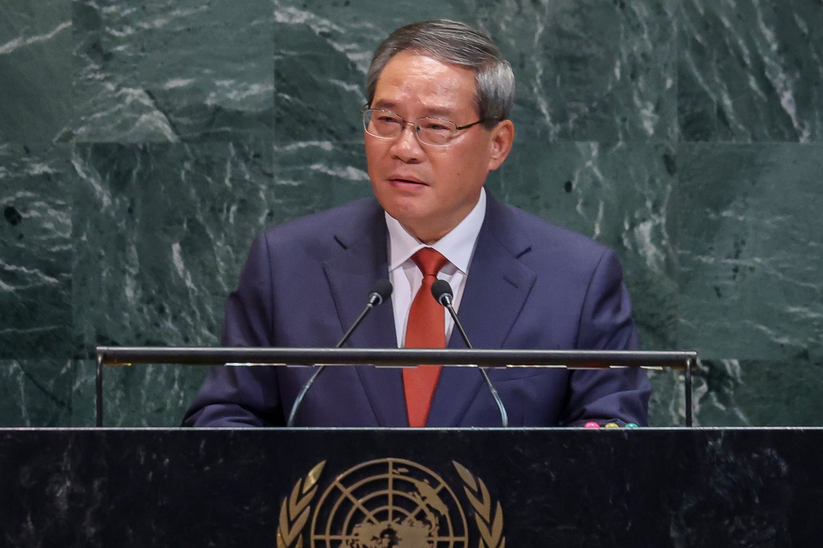 Chinese Premier Li Qiang speaks during the General Debate of the 80th session of the United Nations General Assembly on Friday. Photo: EPA