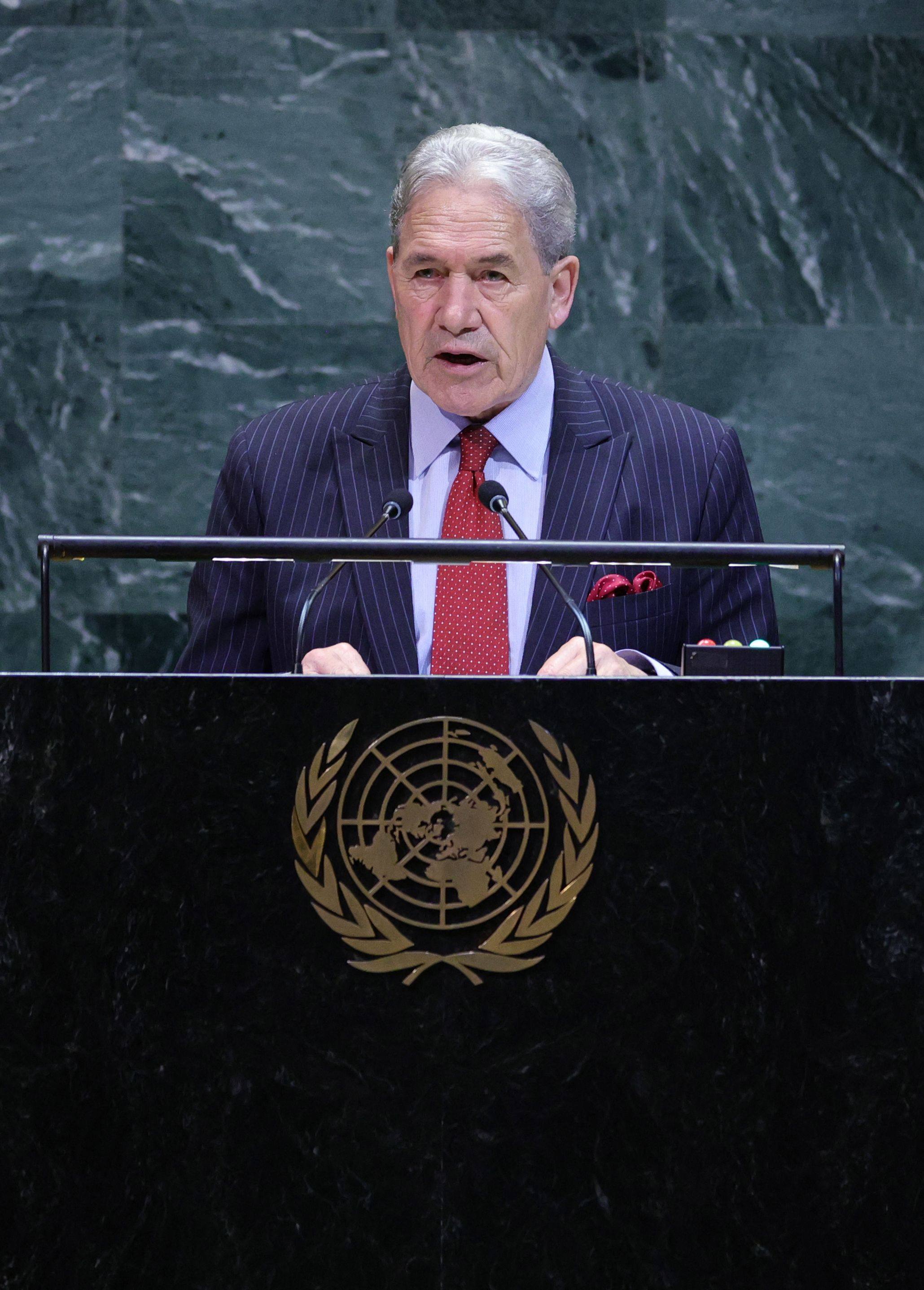 New Zealand’s Minister of Foreign Affairs Winston Peters speaks at the UN General Assembly on Friday. Photo: AFP