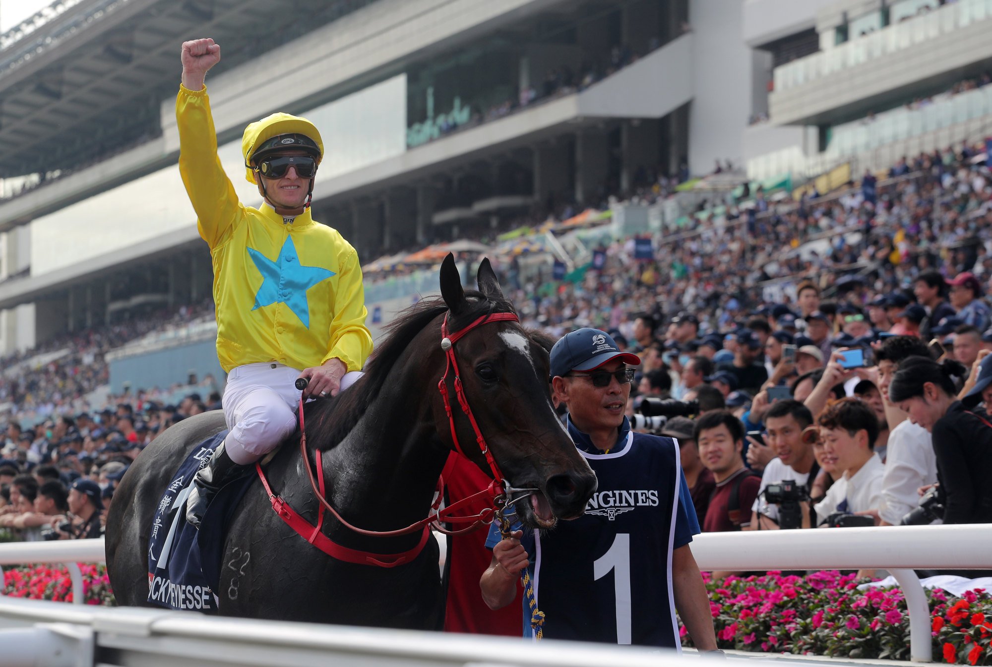 Zac Purton celebrates Lucky Sweynesse’s 2023 Hong Kong Sprint triumph. Photo: Kenneth Chan