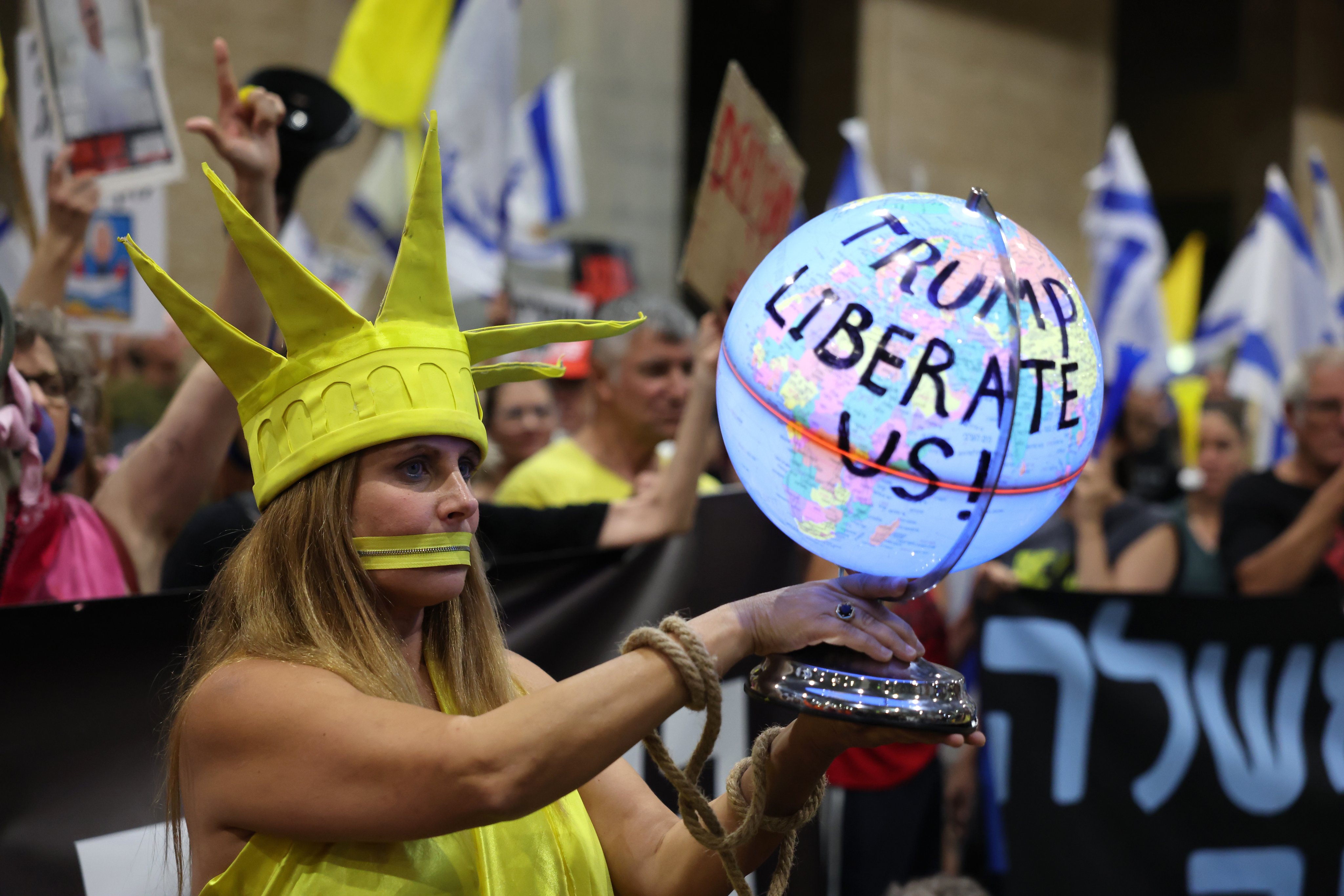 Supporters of Israeli hostages held in Gaza demonstrate at the Ben Gurion Airport, near Tel Aviv, Israel, on Wednesday. Photo: EPA