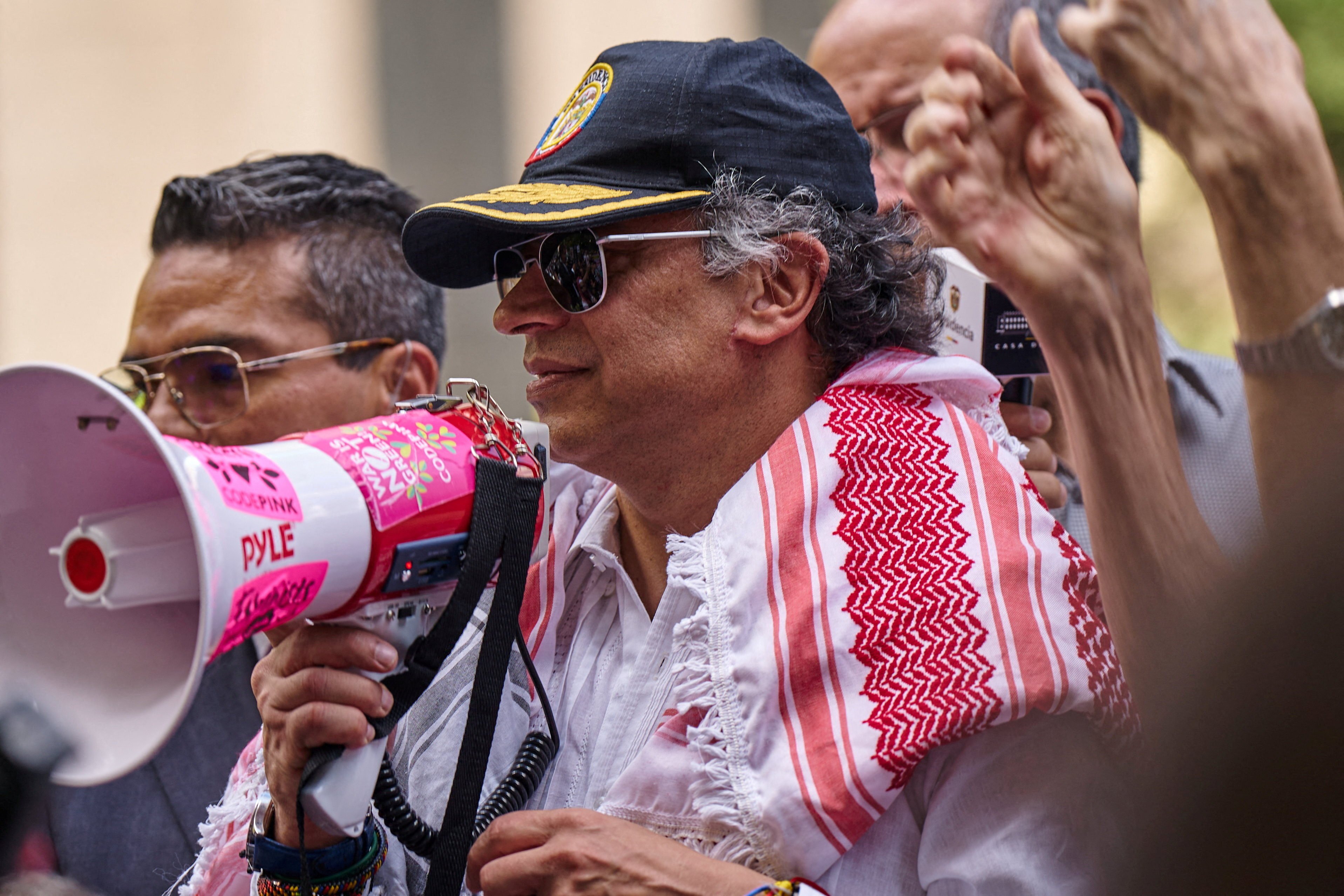 Colombian President Gustavo Petro addresses pro-Palestinian demonstrators outside the UN headquarters in New York on Friday. Photo: Reuters