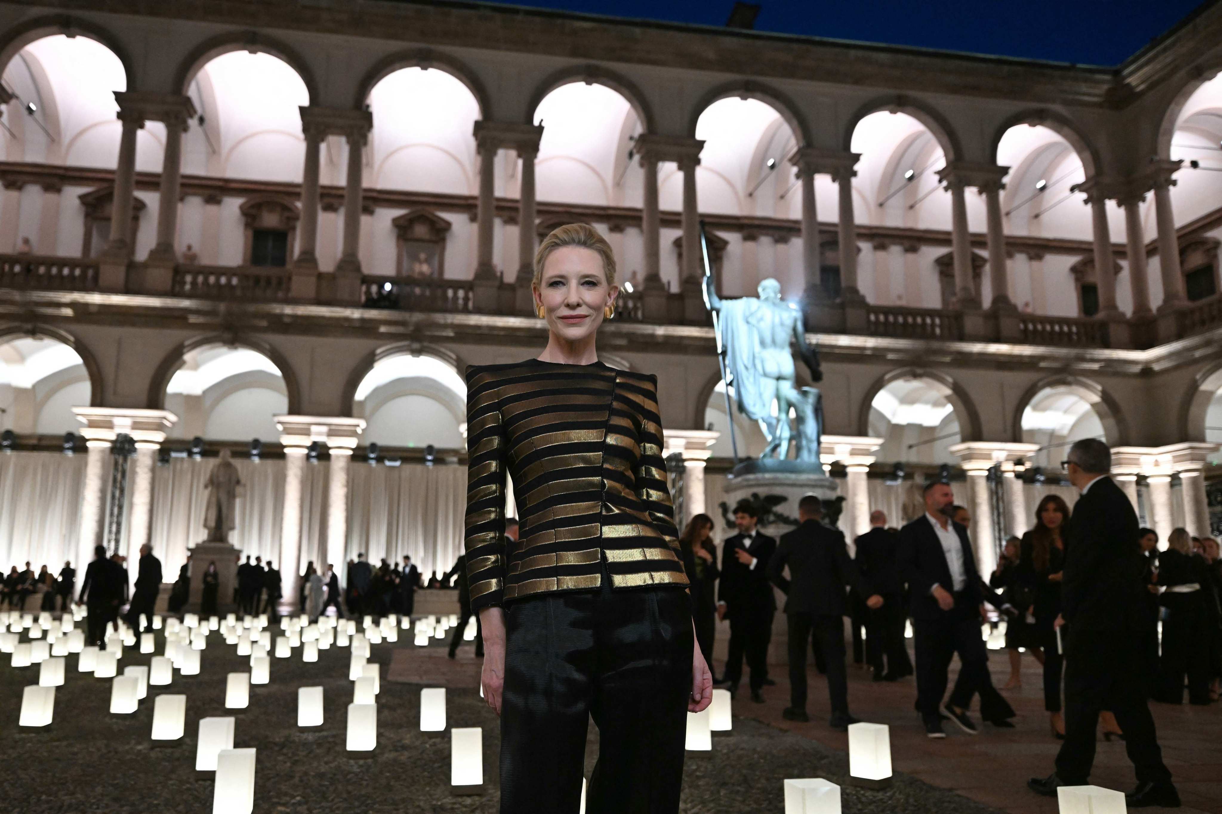 Cate Blanchett at the Giorgio Armani show at Milan Fashion Week, at the Pinacoteca di Brera Museum. Photo: AFP