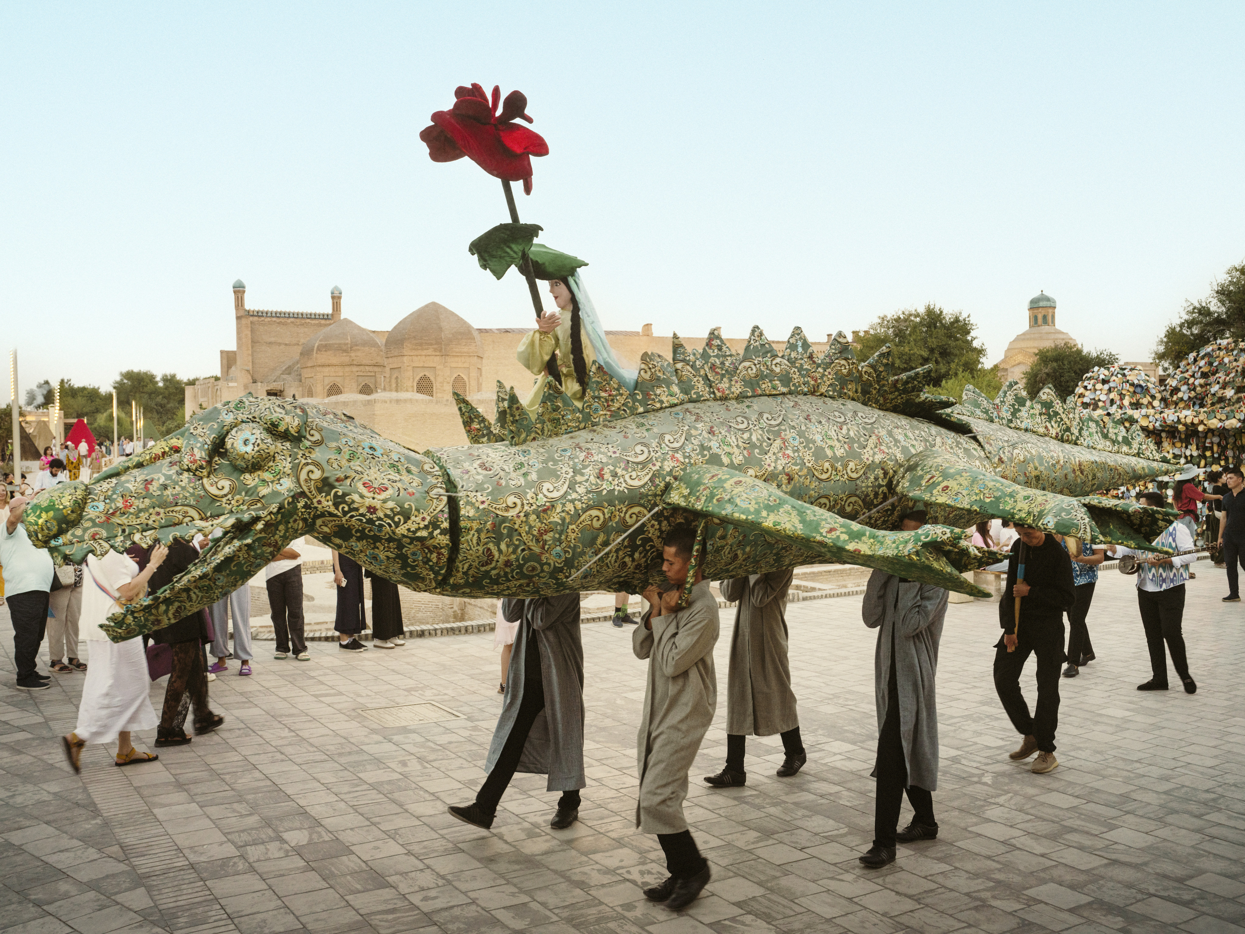 Safar (Journey), by Bangladeshi artist Kamruzzaman Shadhin and Uzbek theatre artist Zavkiddin Yodgorov from the Bukhara Puppet Theatre, is performed using huge puppets of mystical Sufi creatures during the inaugural Bukhara Biennial in Uzbekistan in September 2025. Photo: Uzbekistan Art and Culture Development Foundation