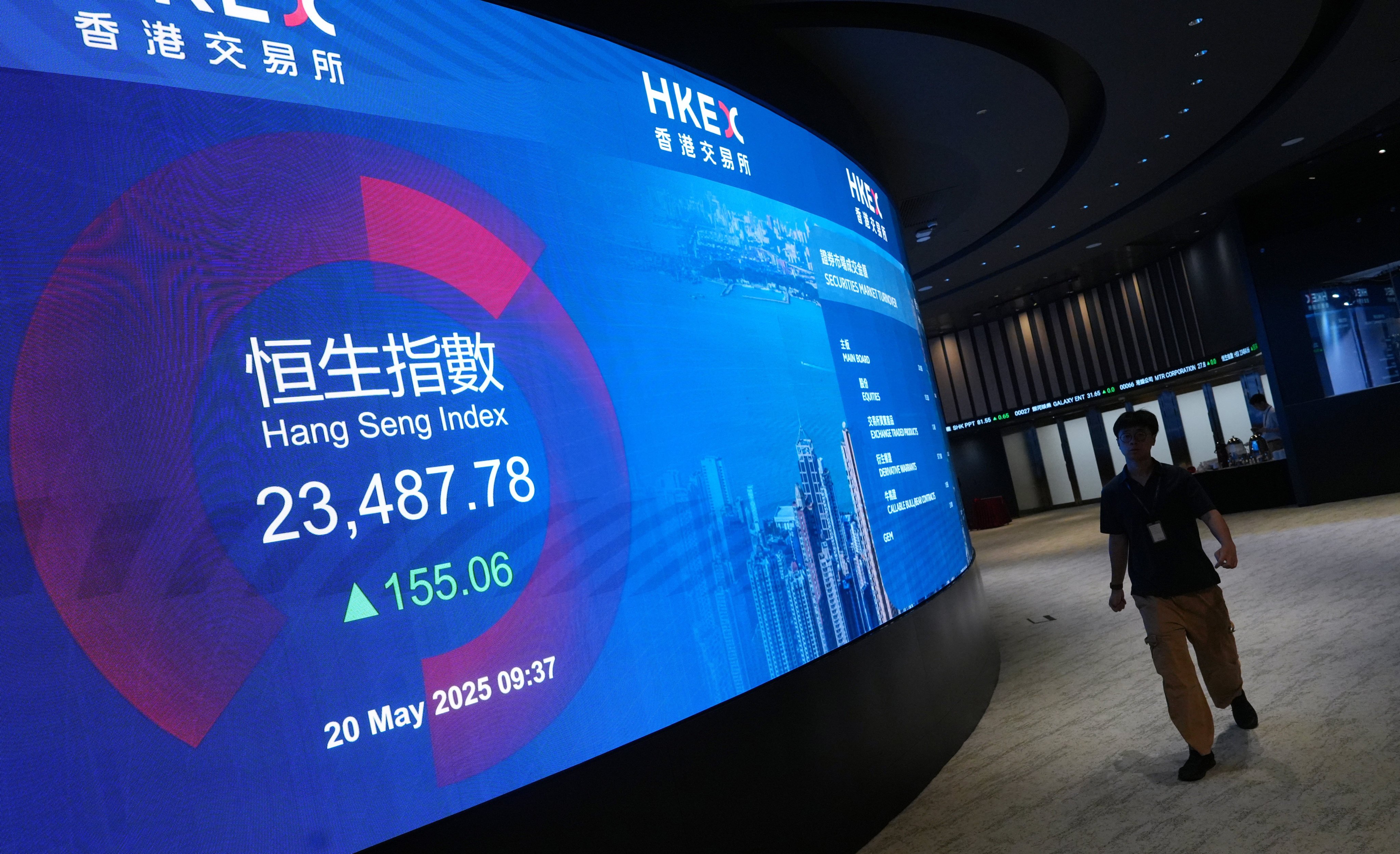 A screen shows the Hang Seng Index at Hong Kong Exchanges and Clearing’s Connect Hall in Central on May 20, 2025. Photo: Sun Yeung