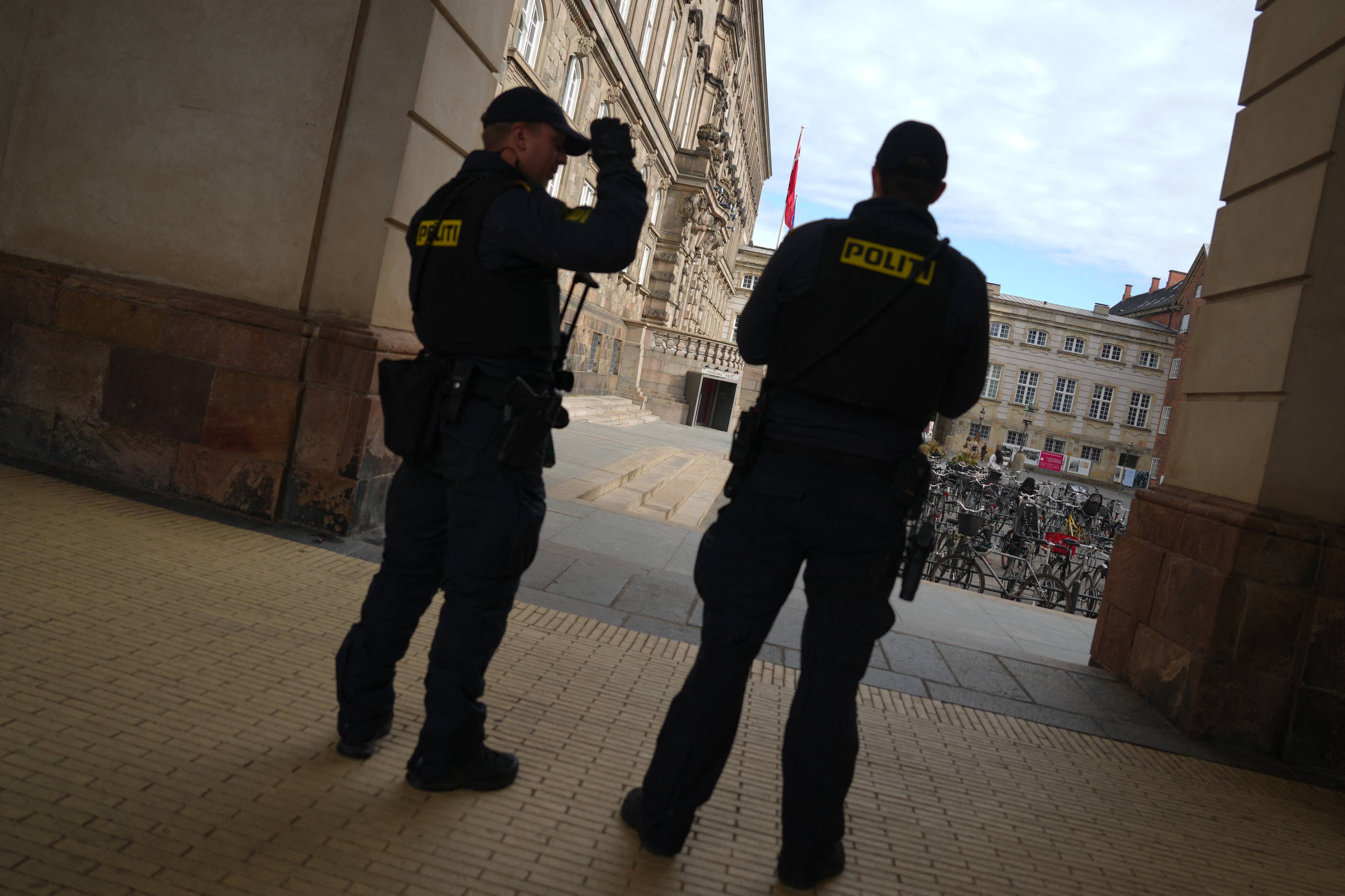 Danish police patrol at Christiansborg in Copenhagen Monday. Copenhagen is to host the seventh EU summit of the European Political Community on Wednesday and Thursday. Photo: AFP