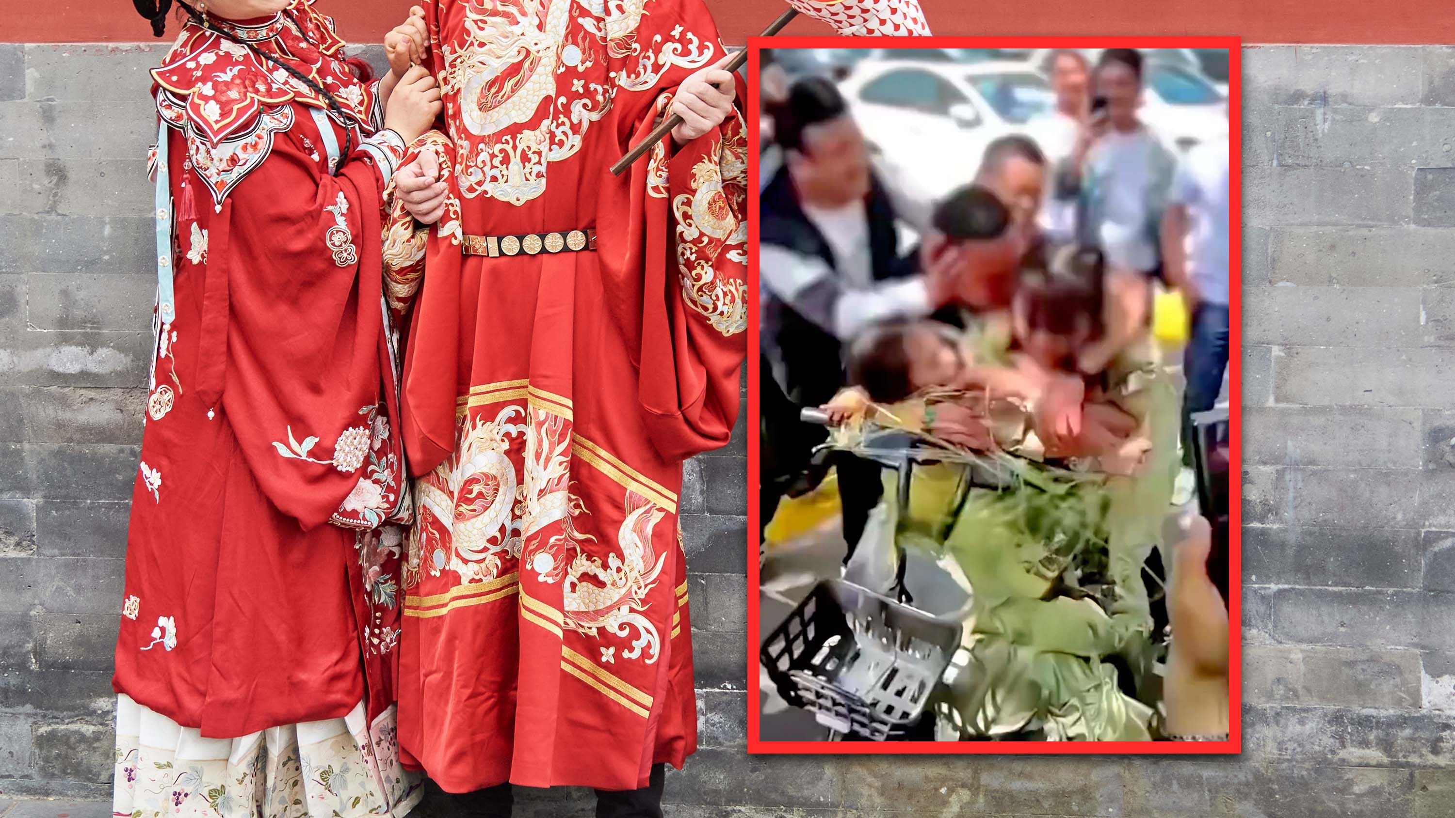 Two bridesmaids in China were taped to a bike and forced to kiss strangers as part of the wedding prank tradition, causing public outrage over consent. Photo: SCMP composite/Shutterstock/Douyin