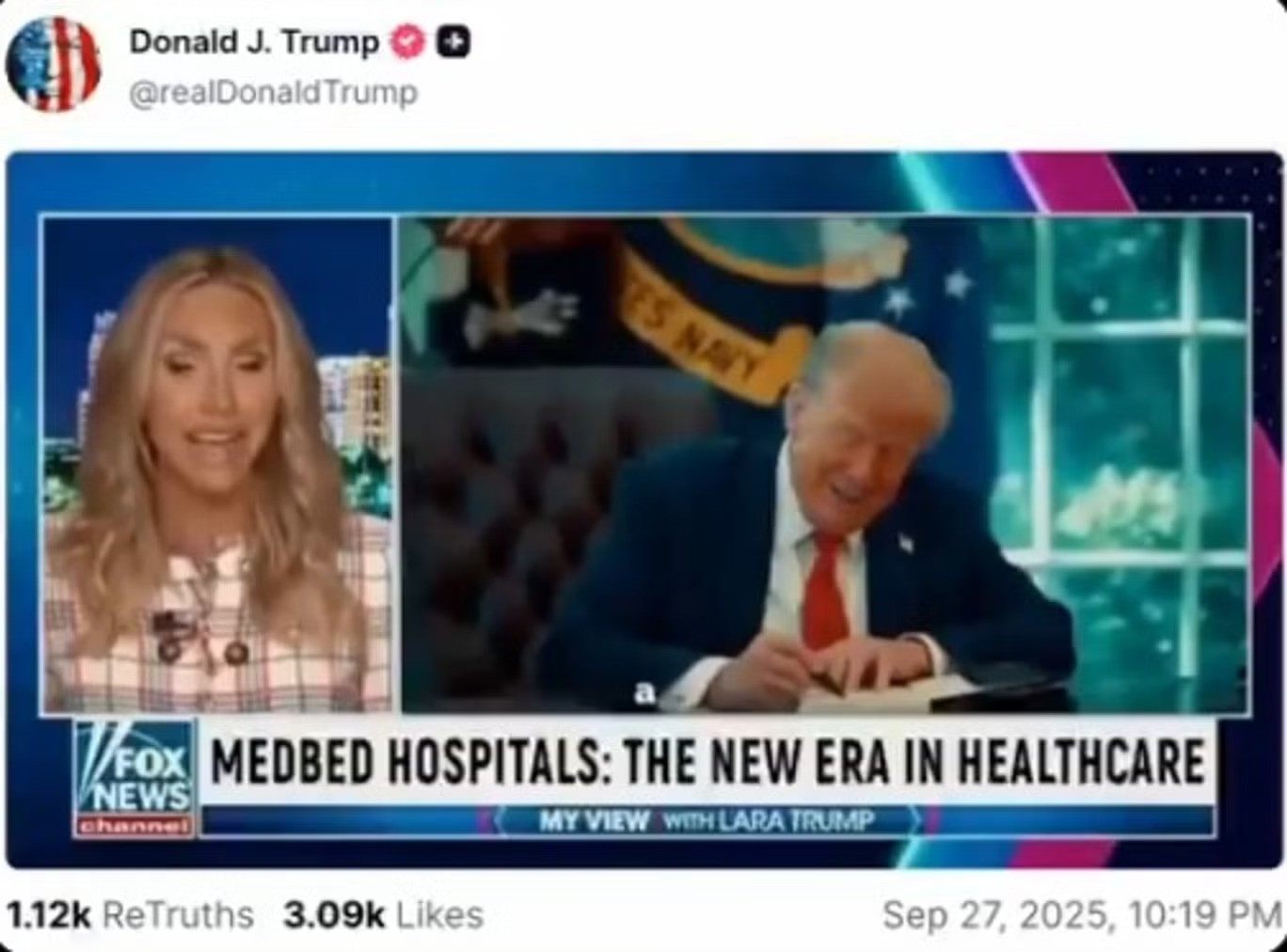 President Donald Trump shares an AI-generated video on “medbeds” on Saturday. Photo: Truth Social/realDonaldTrump