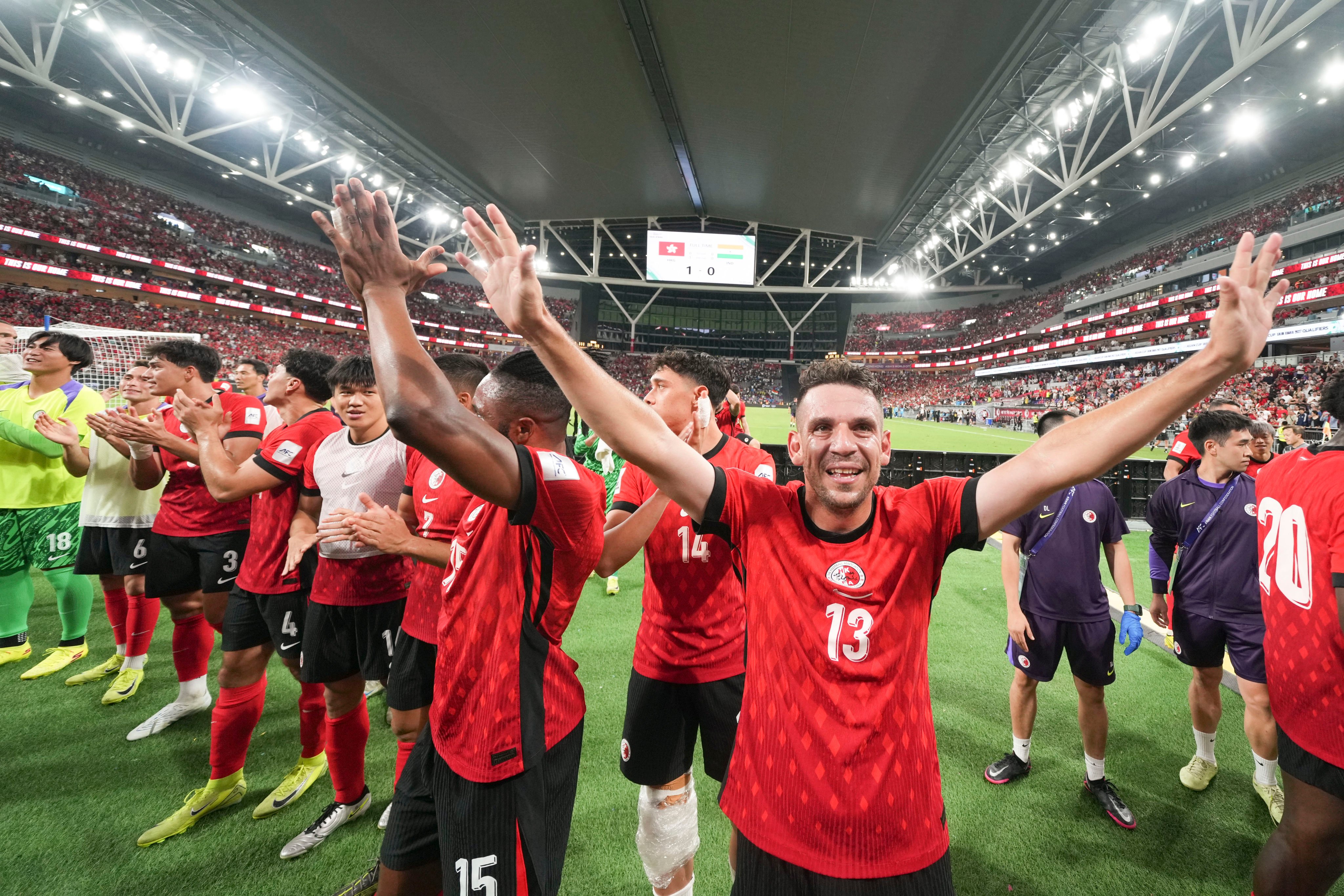 Matchwinner Stefan Pereira celebrates with the 42,000 fans inside Kai Tak Stadium for Hong Kong’s June Asian Cup qualifying win over India. Photo: Sam Tsang