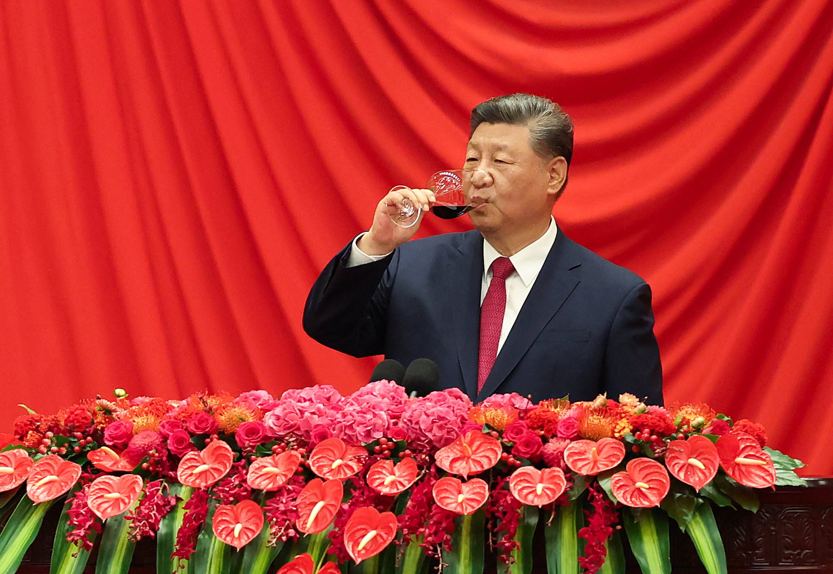 Chinese President Xi Jinping takes part in the National Day reception on the eve of the 76th founding anniversary of the People’s Republic of China at the Great Hall of the People in Beijing on Tuesday. Photo: Reuters