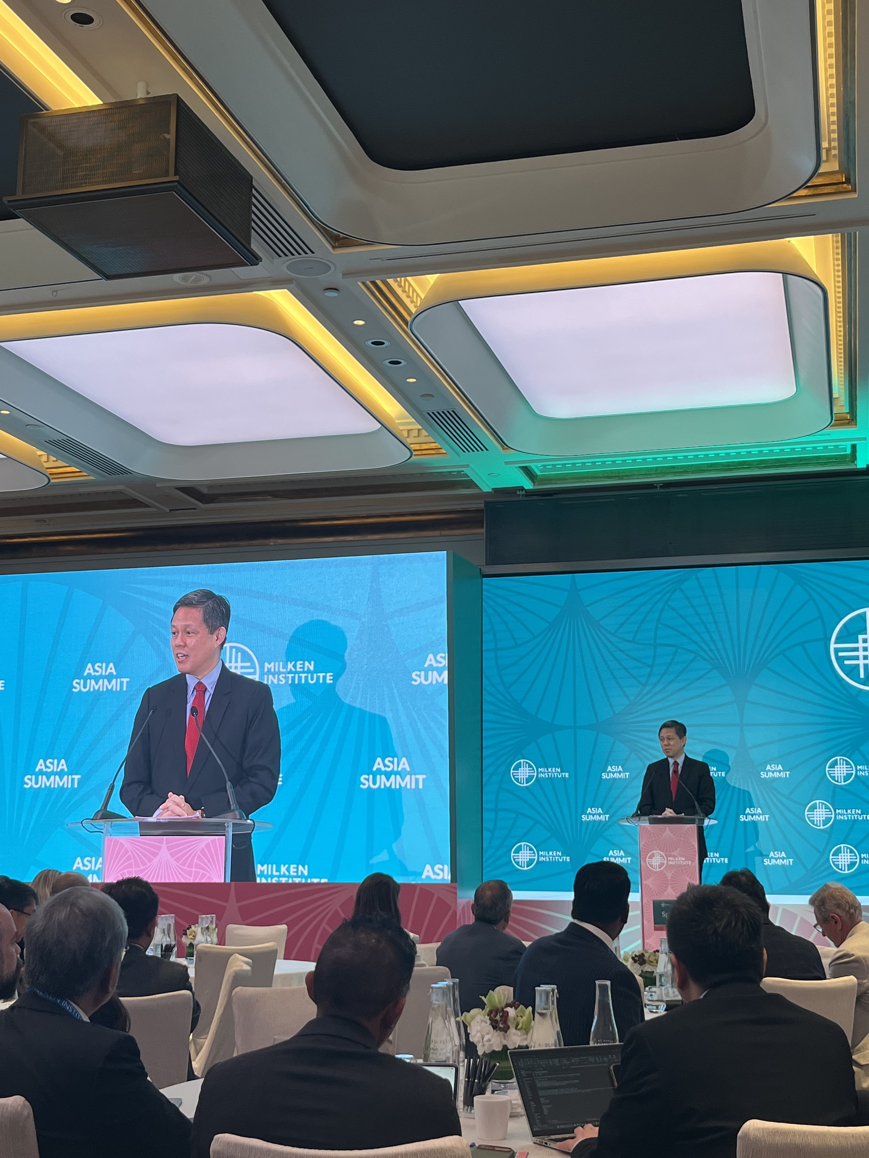 Singapore’s Defence Minister Chan Chun Sing addresses leaders from the business and other sectors at the Milken Institute Asia Summit on Wednesday. Photo: Jean Iau