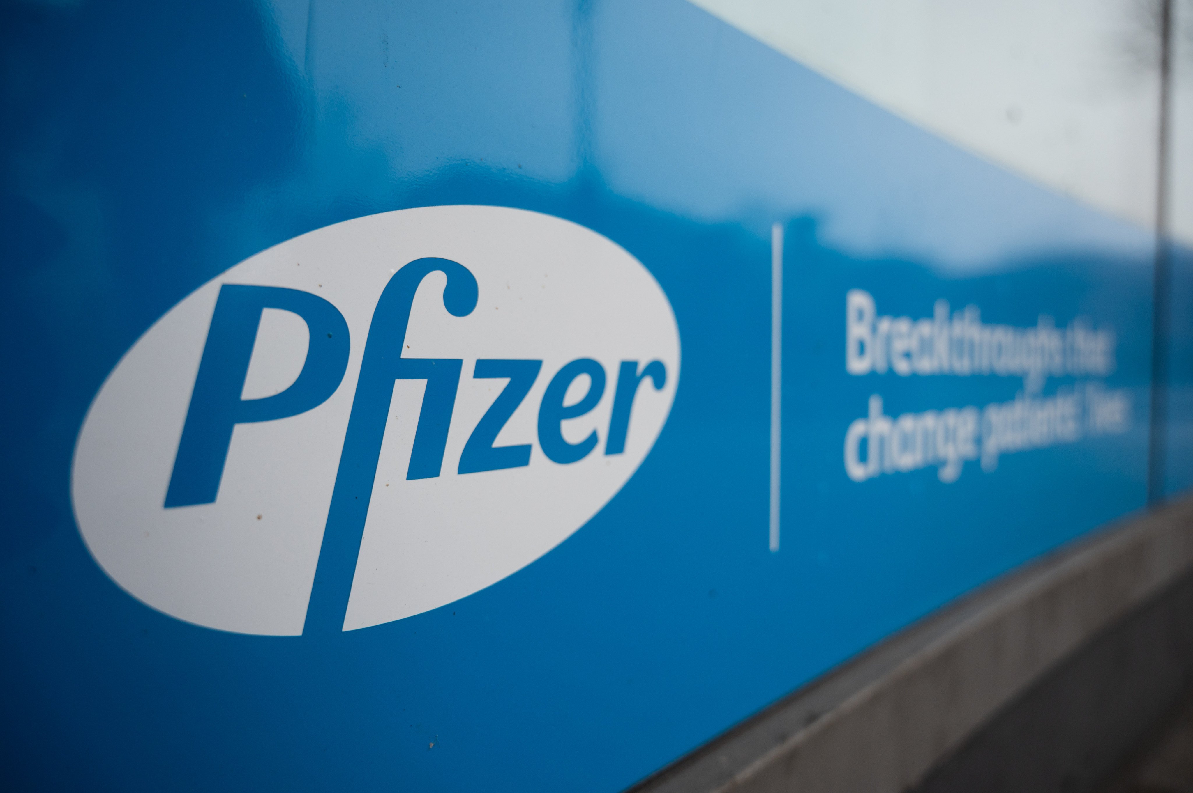 The Pfizer logo is pictured at company headquarters in Berlin in January 2021. Photo: dpa