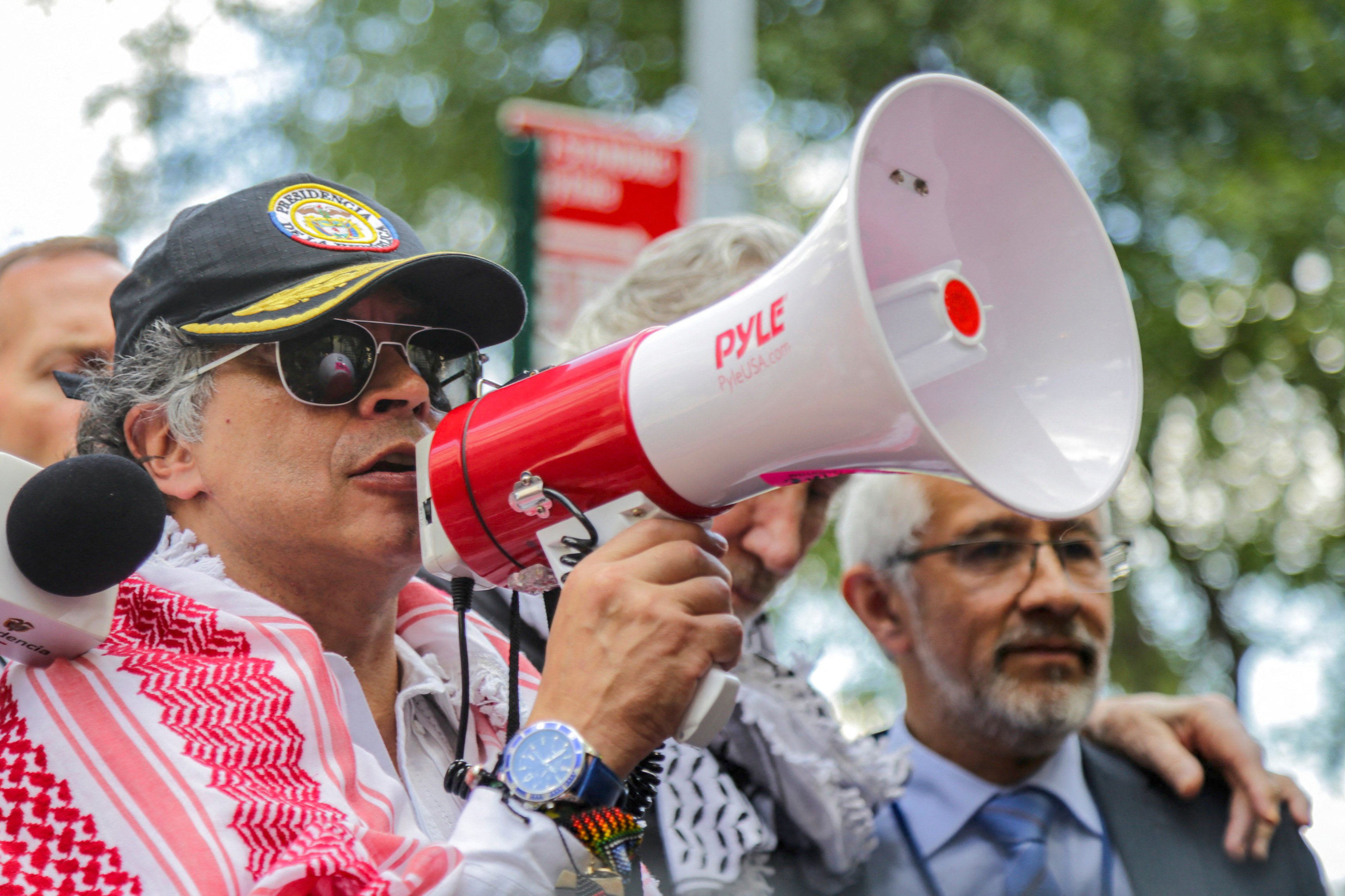 Colombian President Gustavo Petro addressing a pro-Palestinian rally outside the UN headquarters in New York on Friday. Photo: AFP
