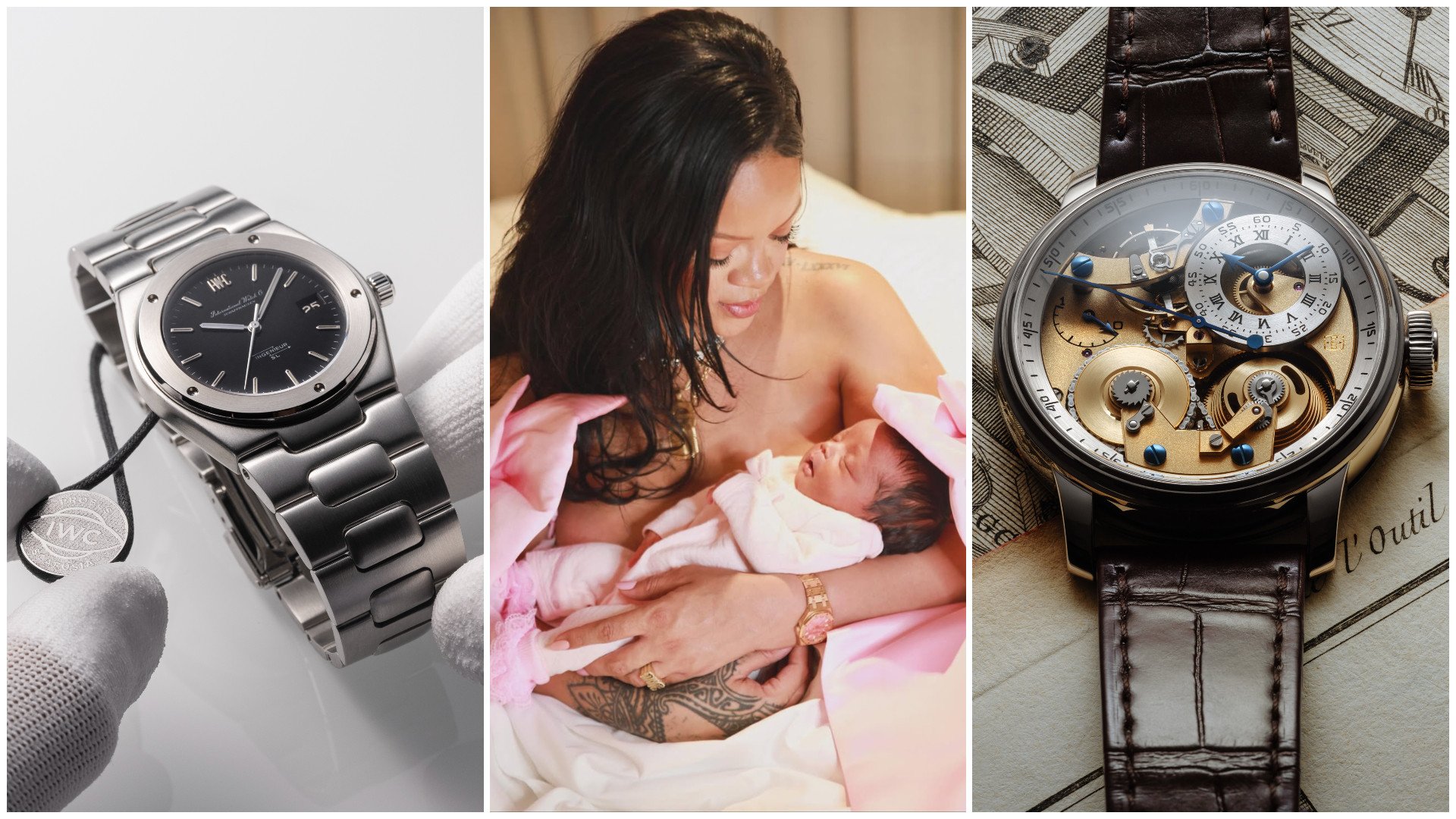 September 2025’s biggest timepiece moments included (from left) IWC launching its certified pre-owned programme “IWC. Curated.”, Rihanna announcing the birth of her daughter while sporting an Audemars Piguet Royal Oak, and Ferdinand Berthoud releasing the Naissance d’une Montre 3 at Geneva Watch Days. Photos: Handout, Instagram