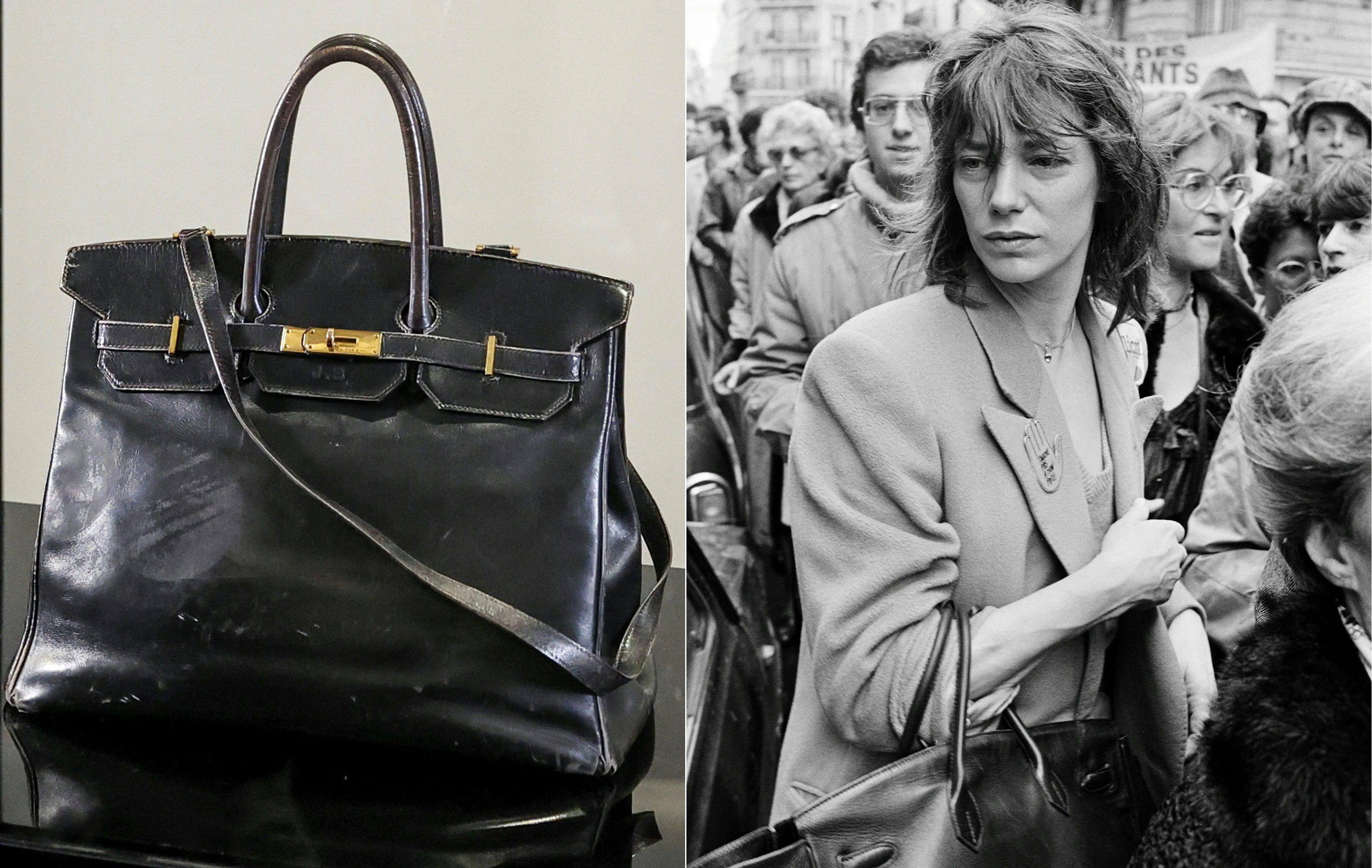 Jane Birkin, subject of the new book It Girl, in Paris in 1985 clutching the original Birkin bag designed for her by Hermès; and the same bag in July this year, when it was auctioned off for US$10 million. Photos: AFP