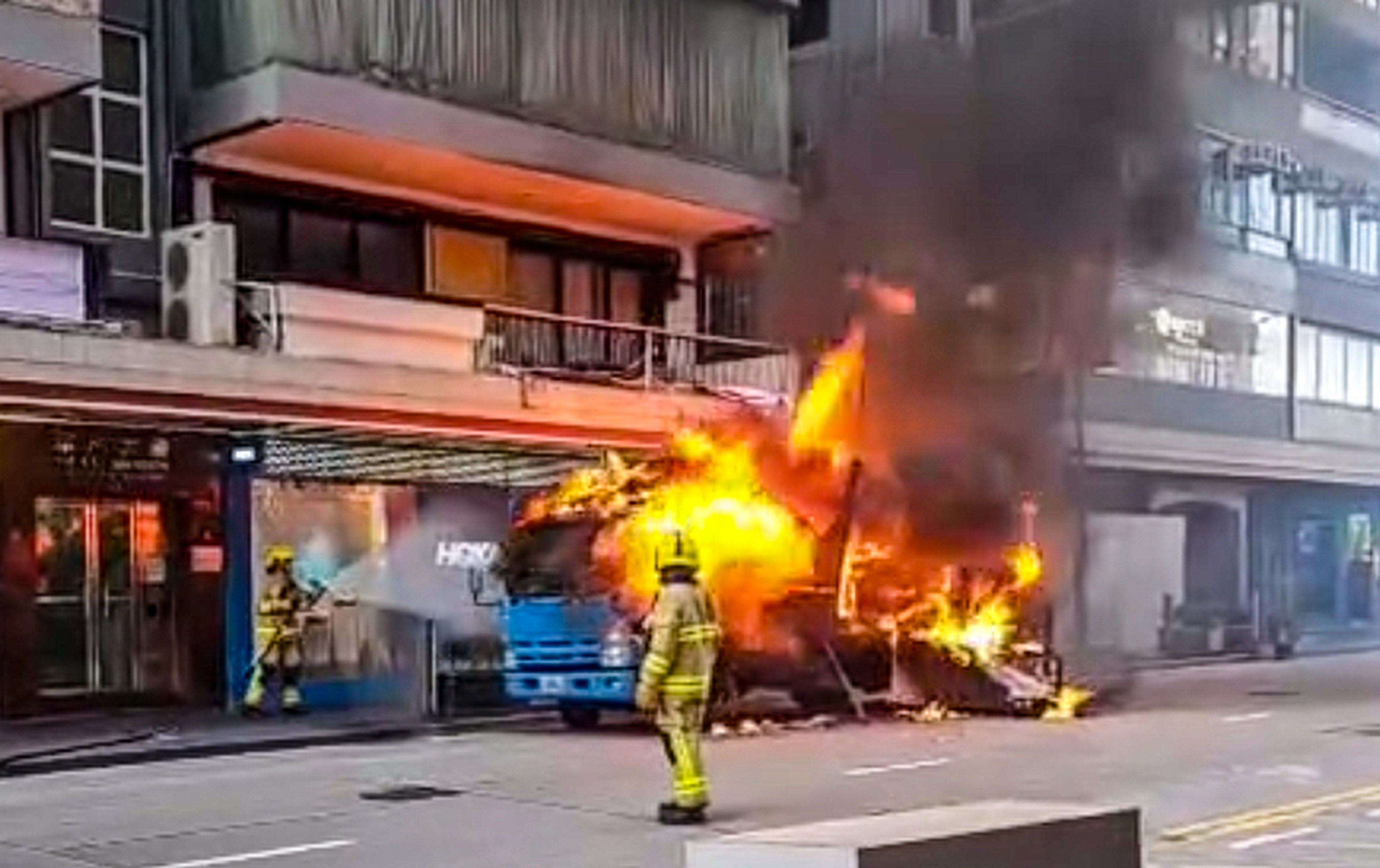 A vehicle caught on fire on Paterson Street, Causeway Bay. Photo: Handout