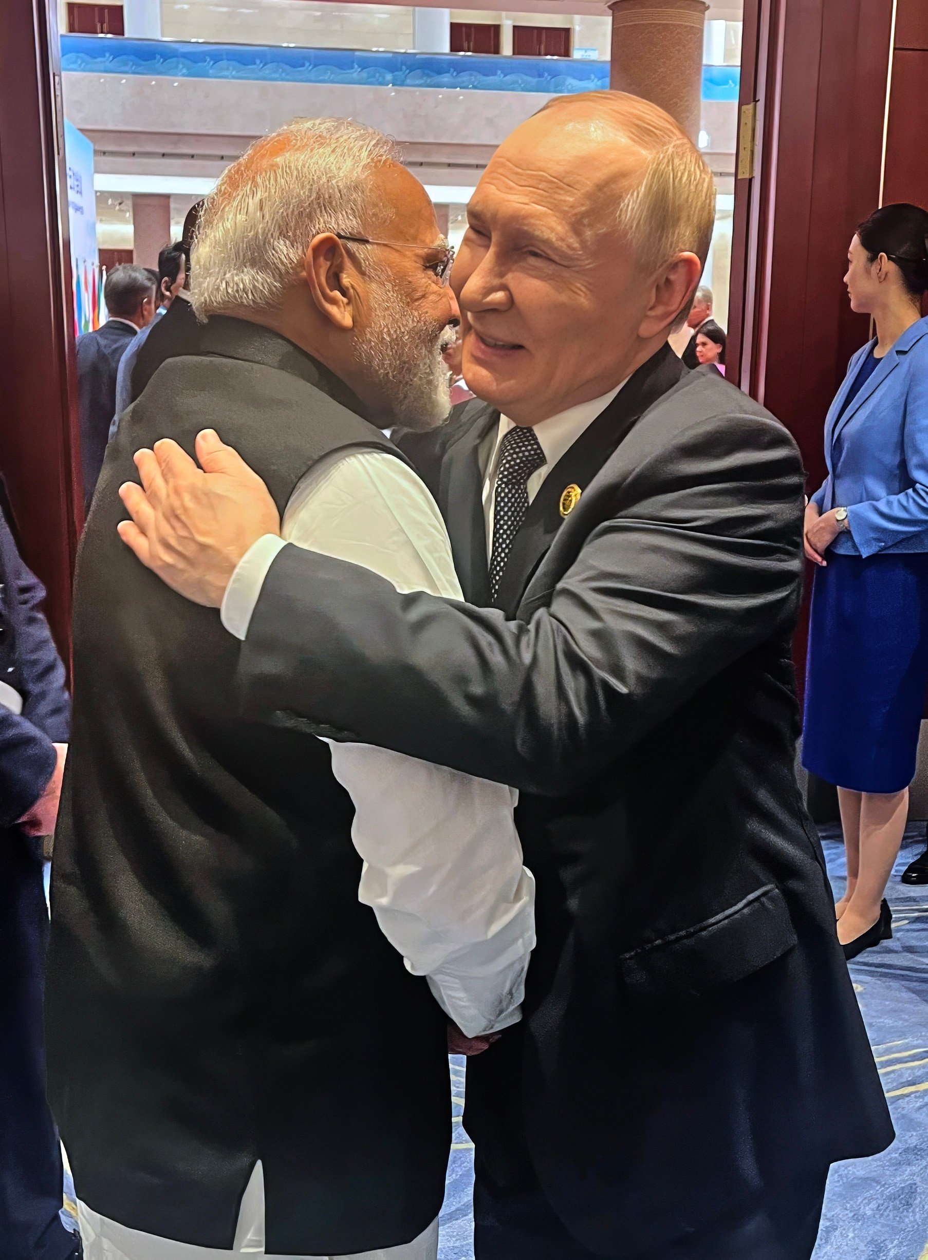 Russian President Vladimir Putin hugs Indian Prime Minister Narendra Modi ahead of the Shanghai Cooperation Organization summit in Tianjin last month. Photo: AP