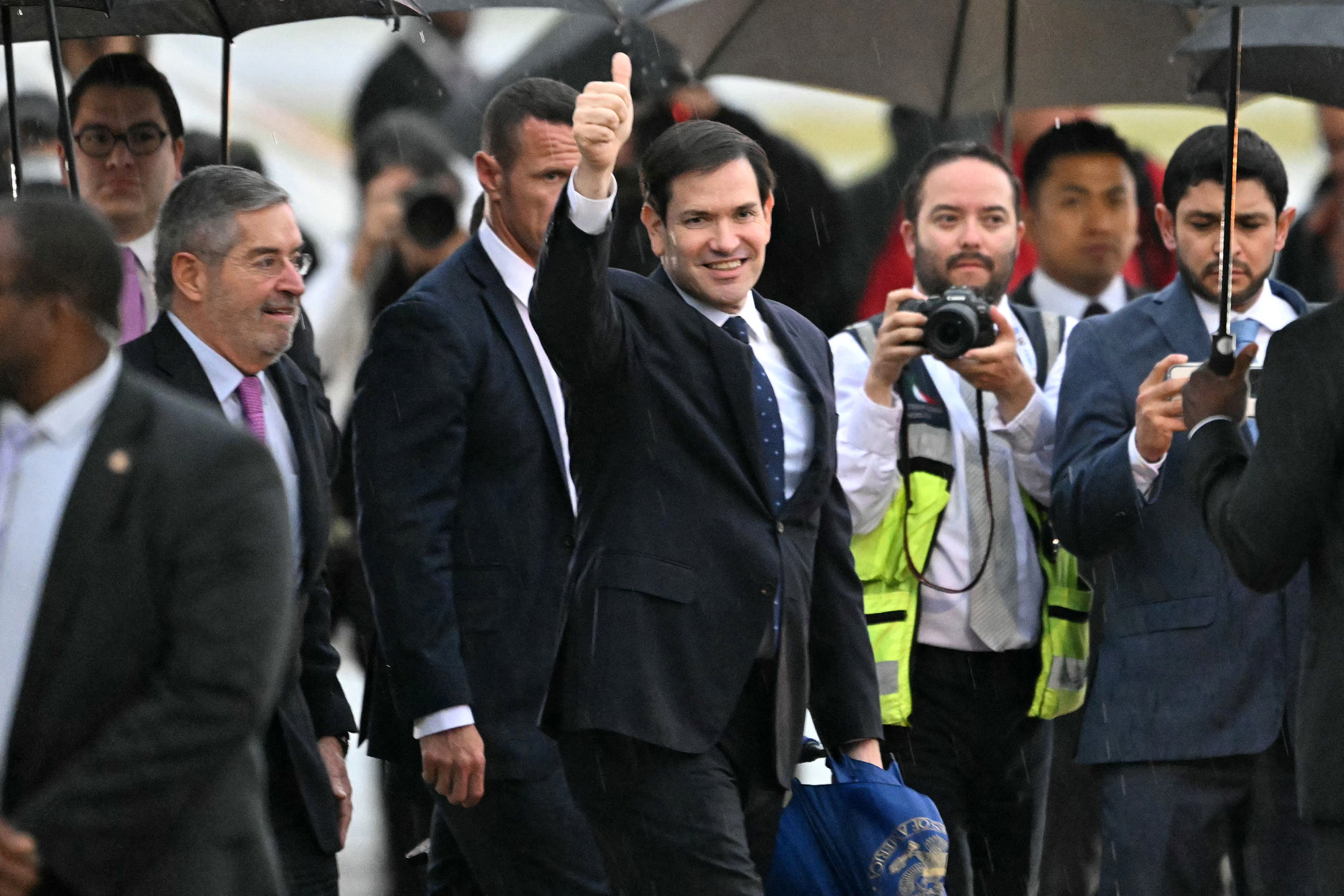US Secretary of State Marco Rubio gives the thumbs up upon his arrival at Felipe Angeles International Airport in Mexico City last month. Photo: AFP