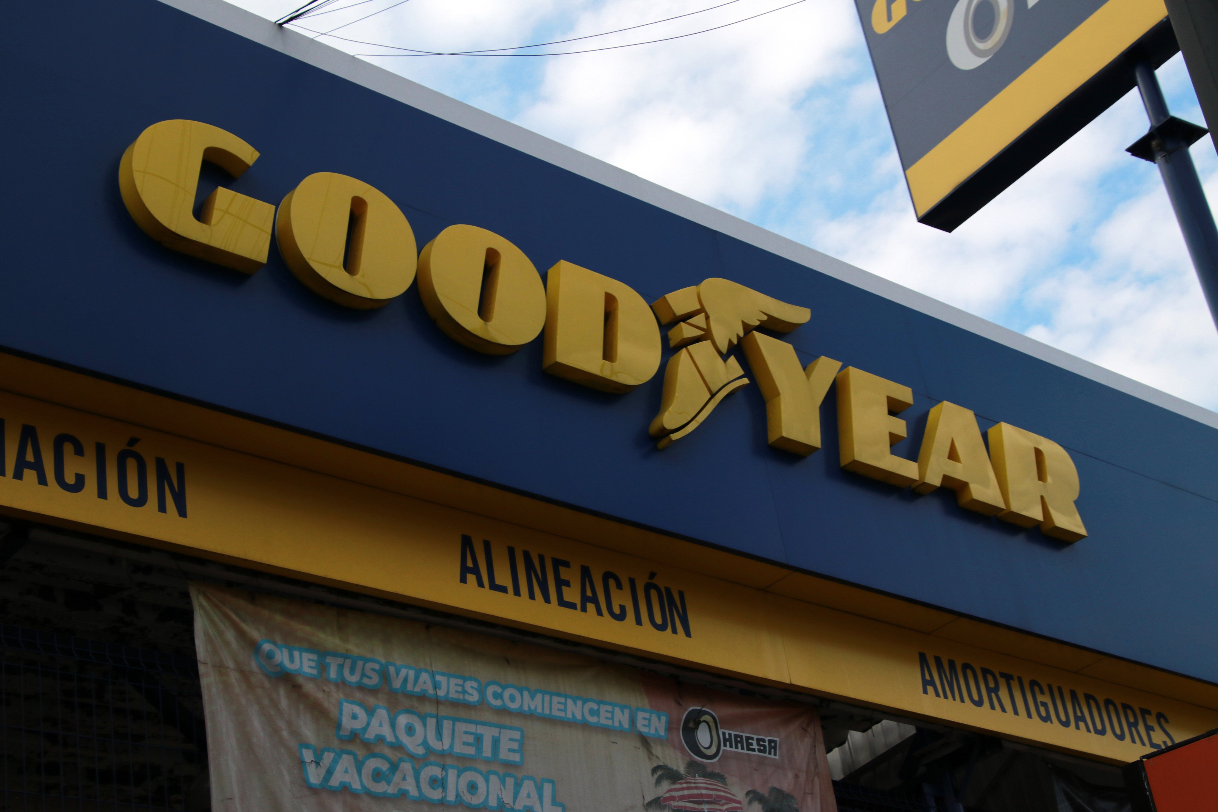 The Goodyear Tire and Rubber logo is seen on a facade in Mexico City on January 13, 2025. Photo: NurPhoto via Getty Images