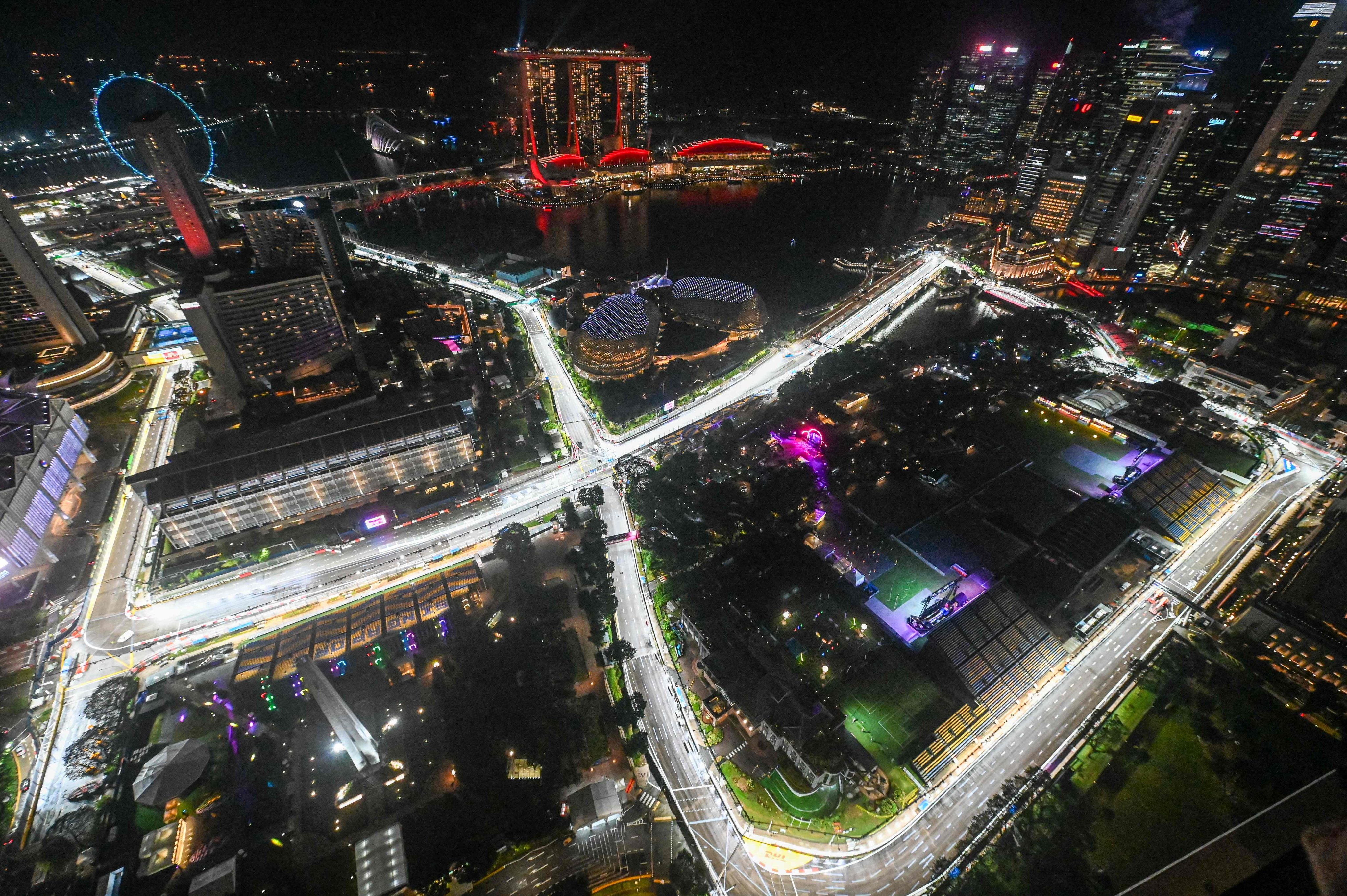 The road circuit illuminated for the coming Singapore Grand Prix at the Marina Bay Street Circuit on Tuesday. Photo: AFP