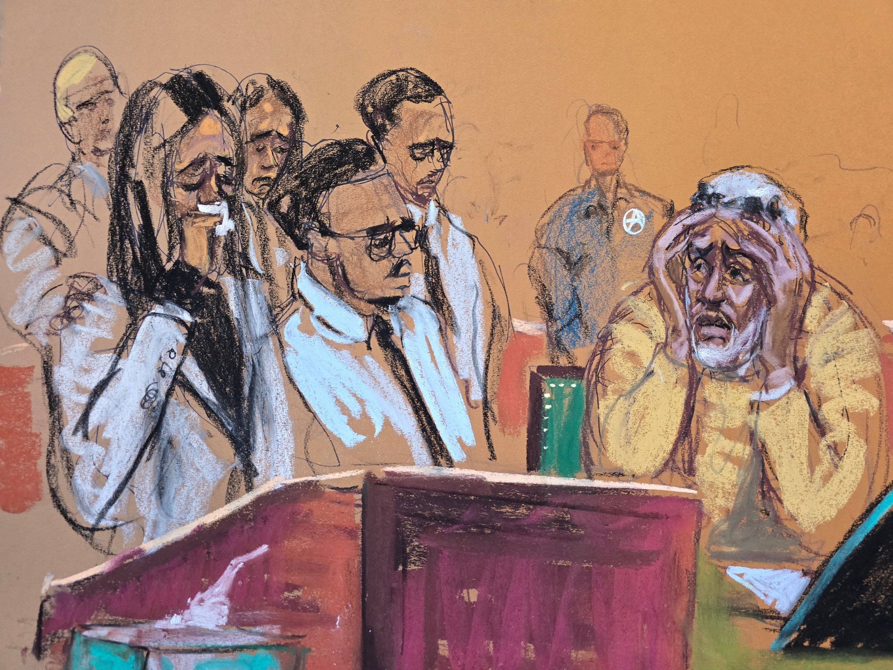 Sean “Diddy” Combs becomes emotional in court in New York on Friday. Courtroom sketch: Jane Rosenberg via Reuters