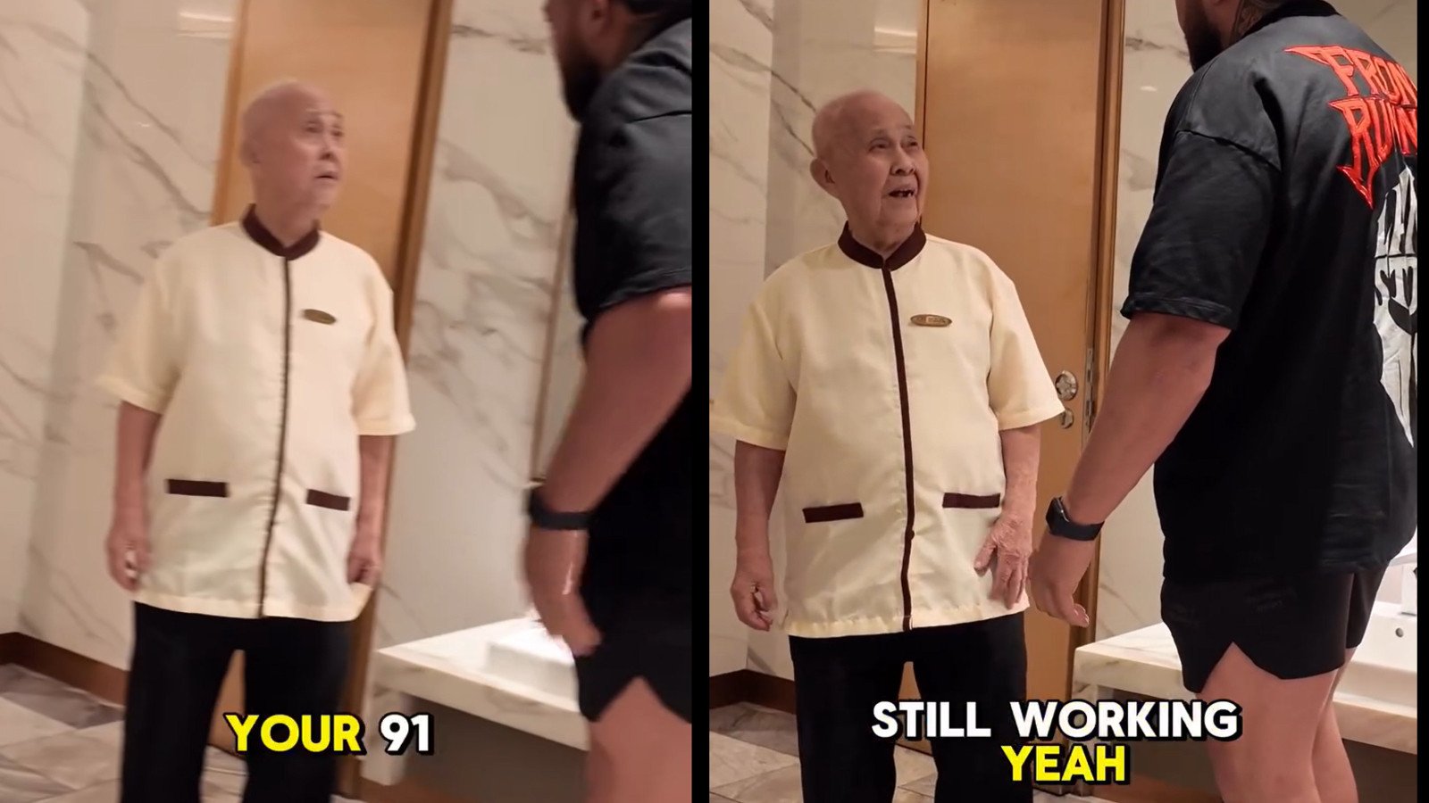 Screenshot from viral video of fitness influencer Jaden Laing speaking to a 91-year-old cleaner in Singapore. Photo: Instagram / Jaden Laing