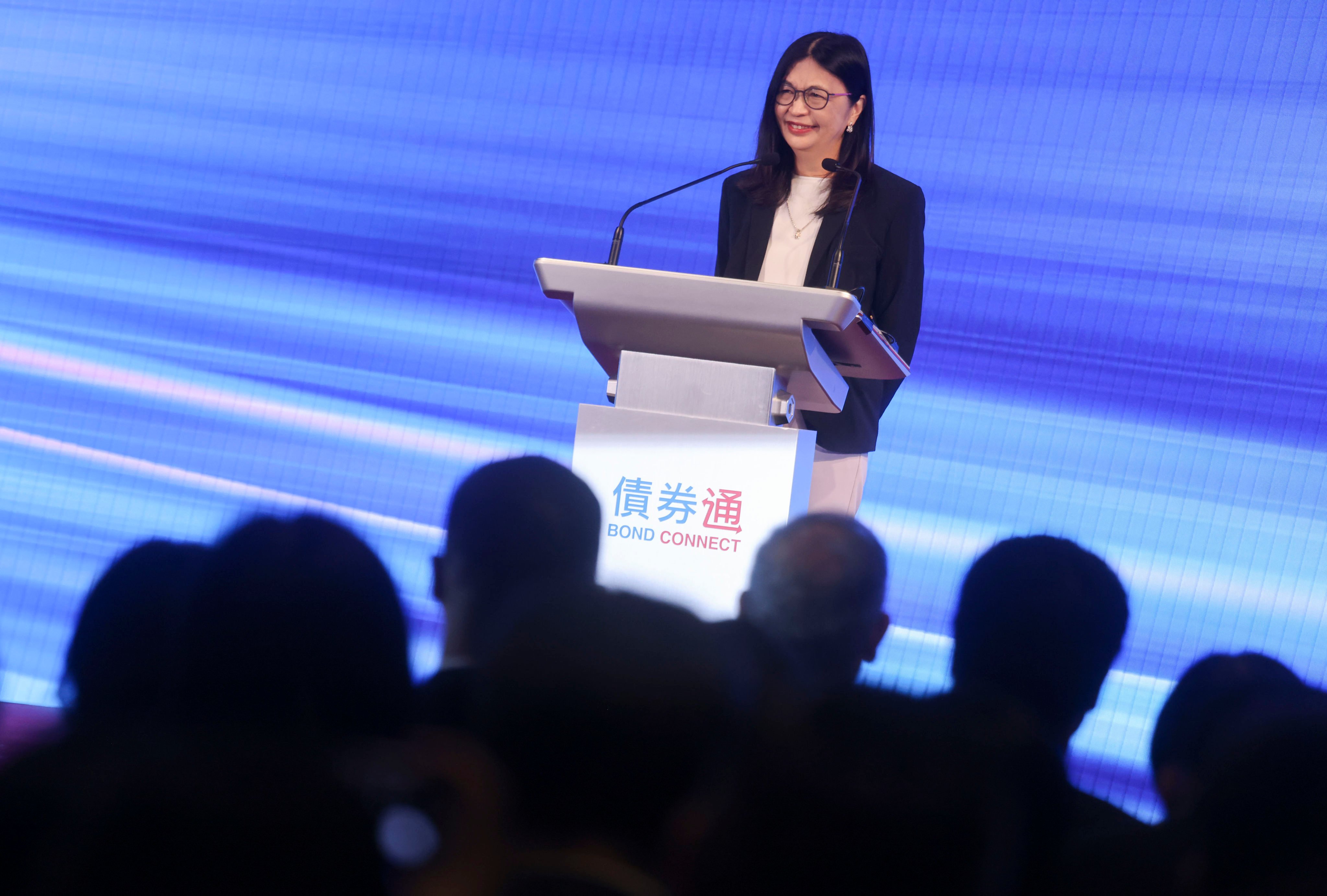 Securities and Futures Commission CEO Julia Leung Fung-yee speaks at the Bond Connect Anniversary Summit on July 8, 2025. Photo: Jonathan Wong