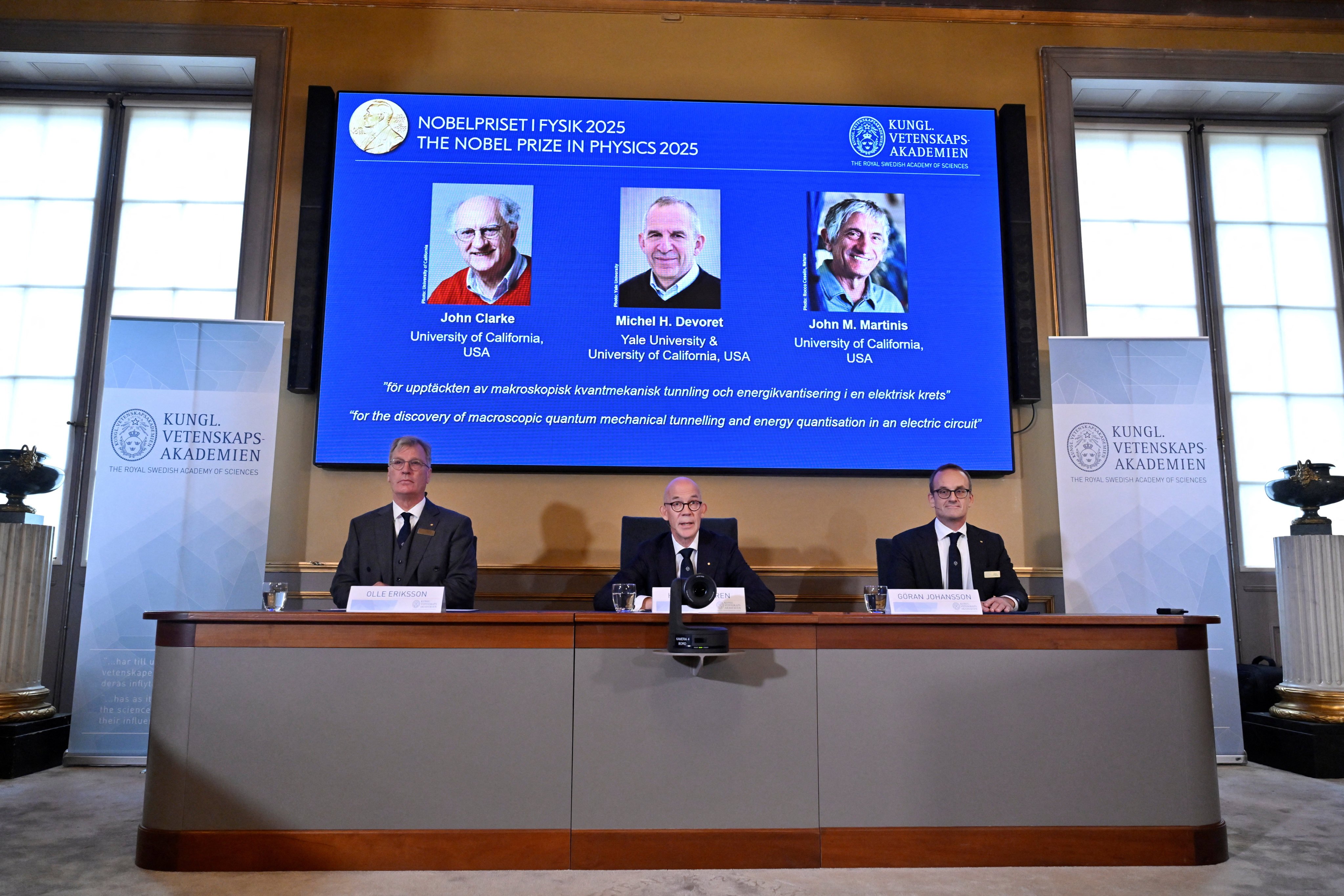John Clarke, Michel Devoret and John Martinis are announced as this year’s Nobel Prize winners in Physics, by the Royal Swedish Academy of Sciences on Tuesday Photo: TT News AgencyReuters