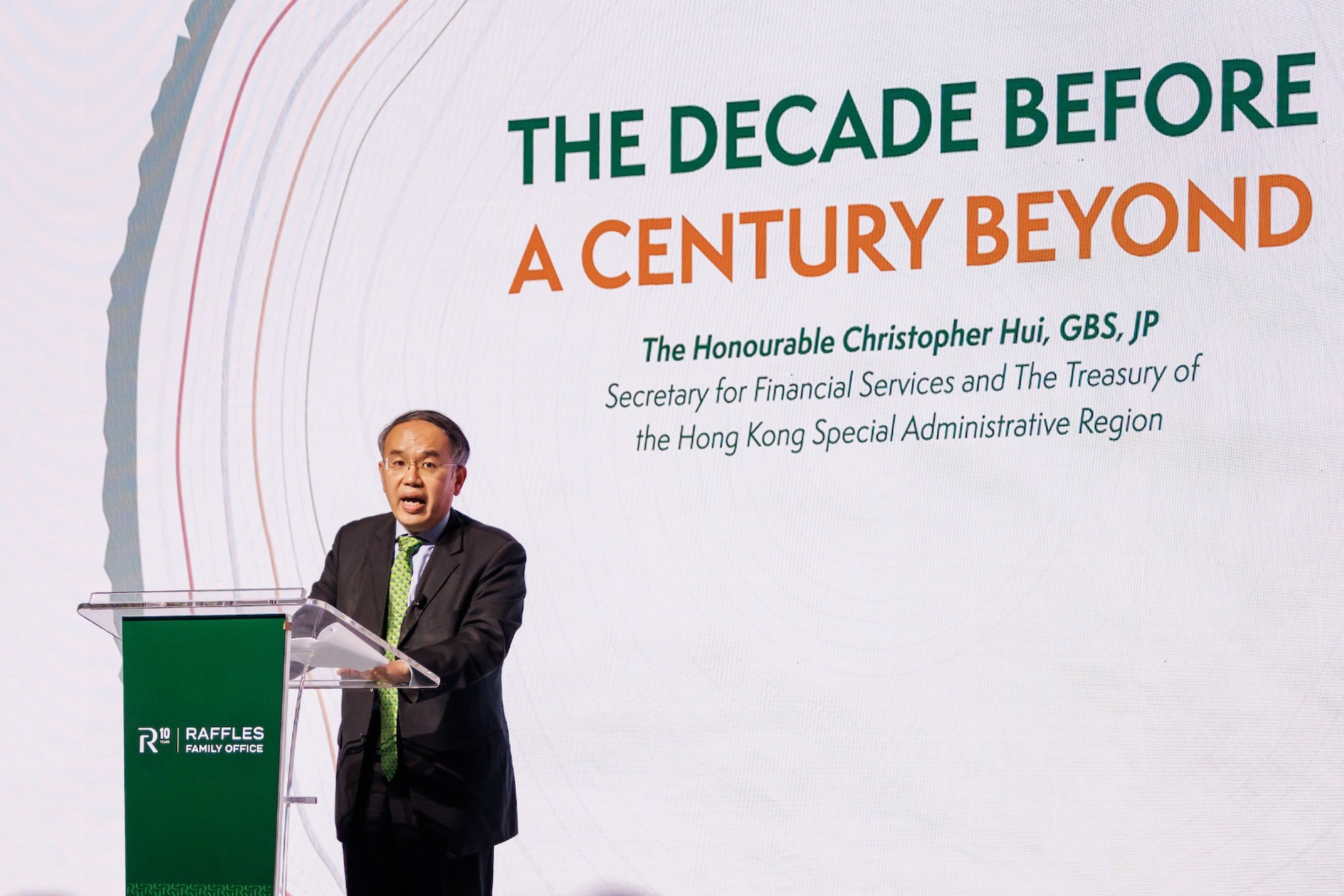 Secretary for Financial Services and the Treasury, Christopher Hui, addresses the Raffles Family Office annual forum on Wednesday. Photo: Handout