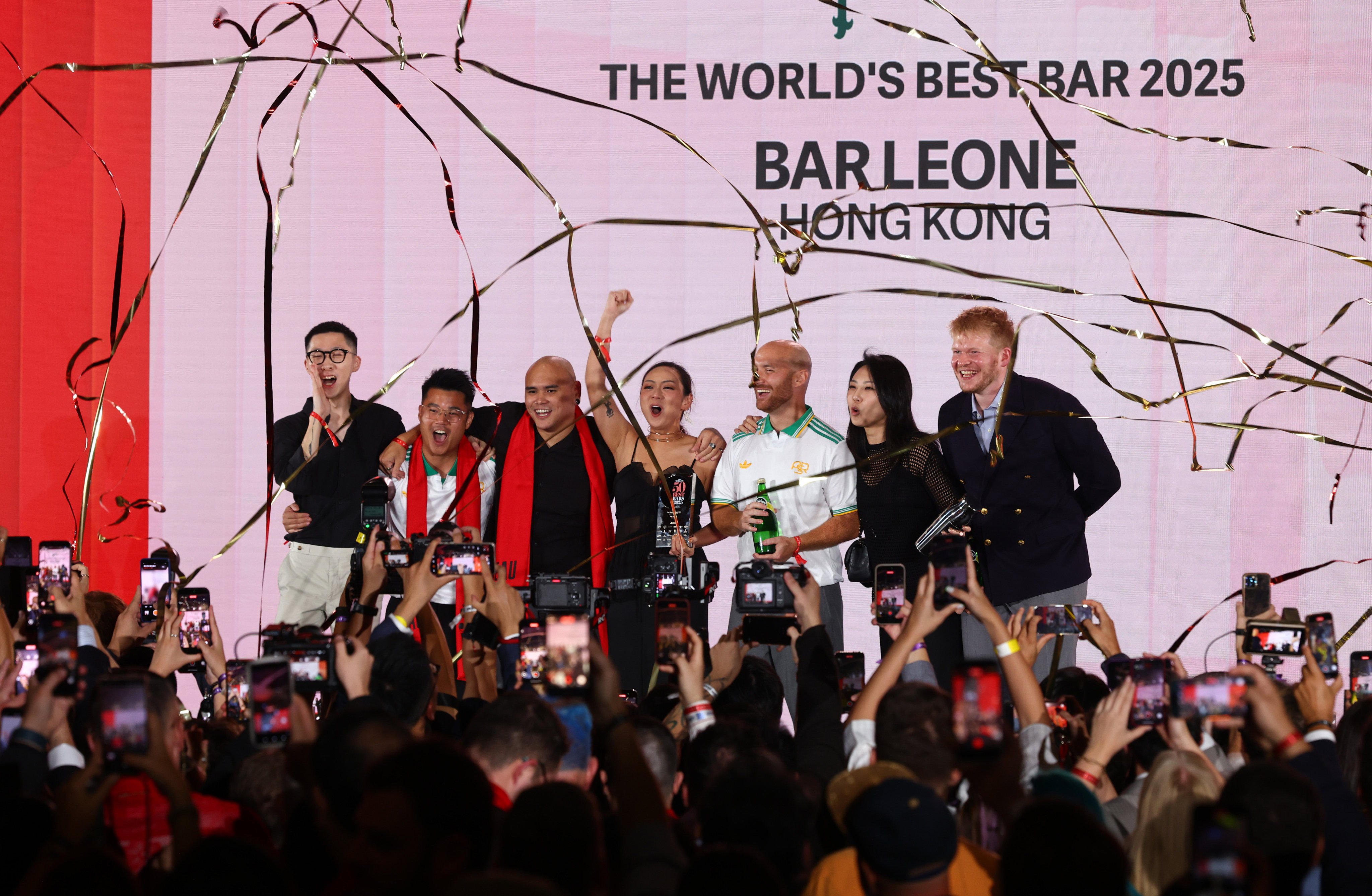 The team from Hong Kong’s Bar Leone accepts the award for the World’s Best Bar 2025 from The World’s 50 Best Bars at a ceremony in Hong Kong on Wednesday. Photo: Dickson Lee