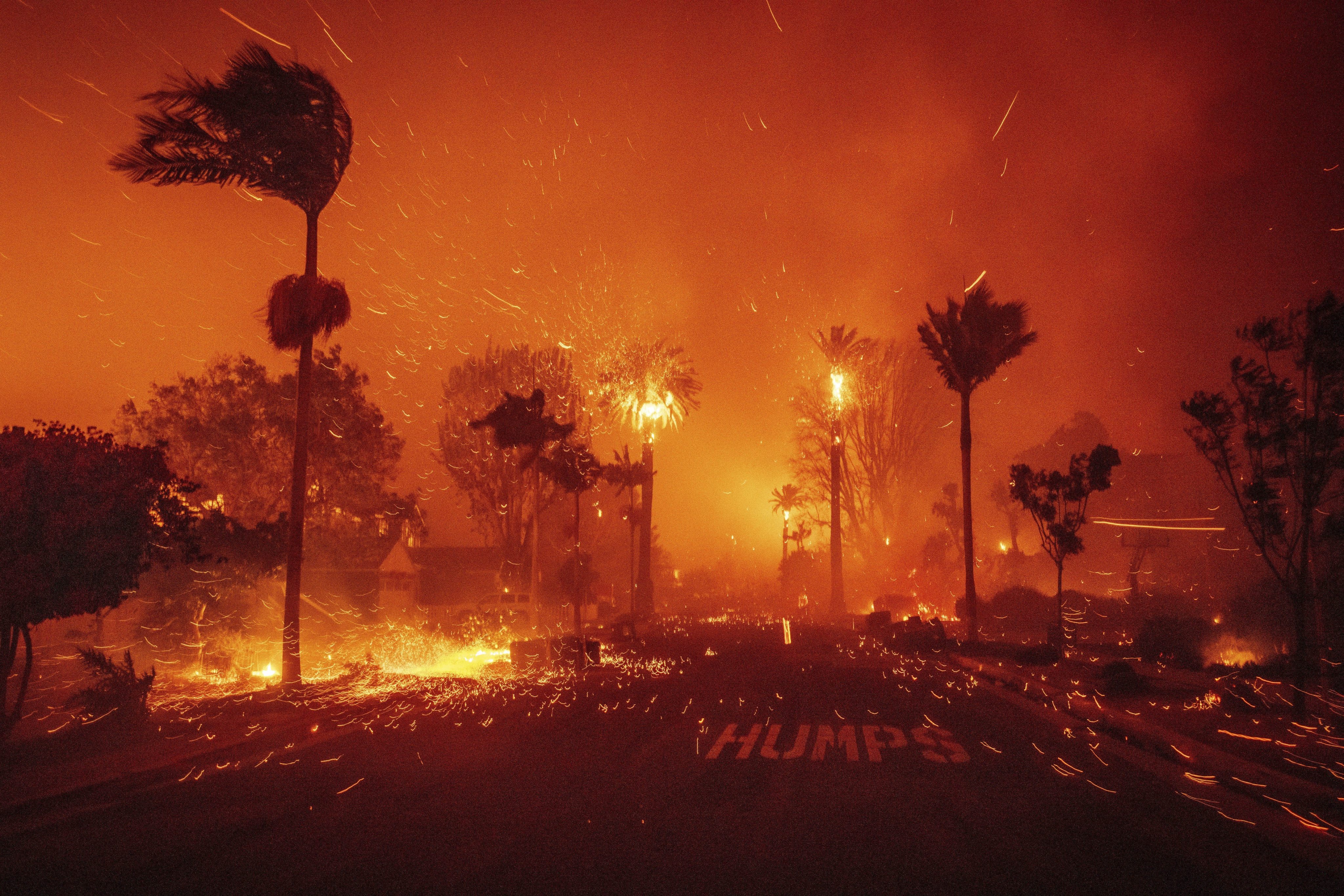 The Palisades fire ravages a neighbourhood in Los Angeles in January. Photo: AP
