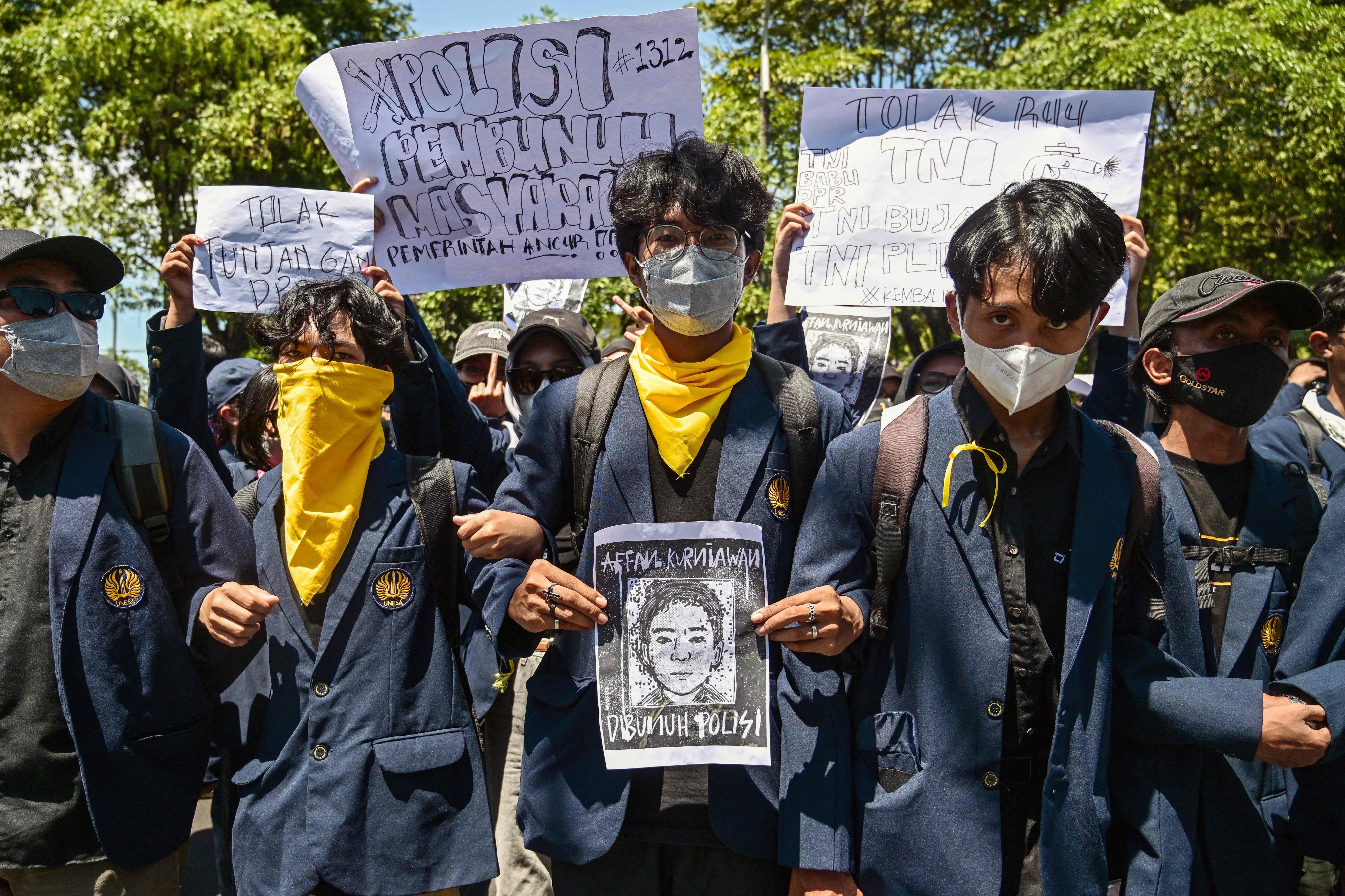 A protest in front of the regional police headquarters in Surabaya on August 30. Indonesia suspended TikTok’s operating licence briefly over its failure to provide user data related to a wave of protests in August. Photo: AFP