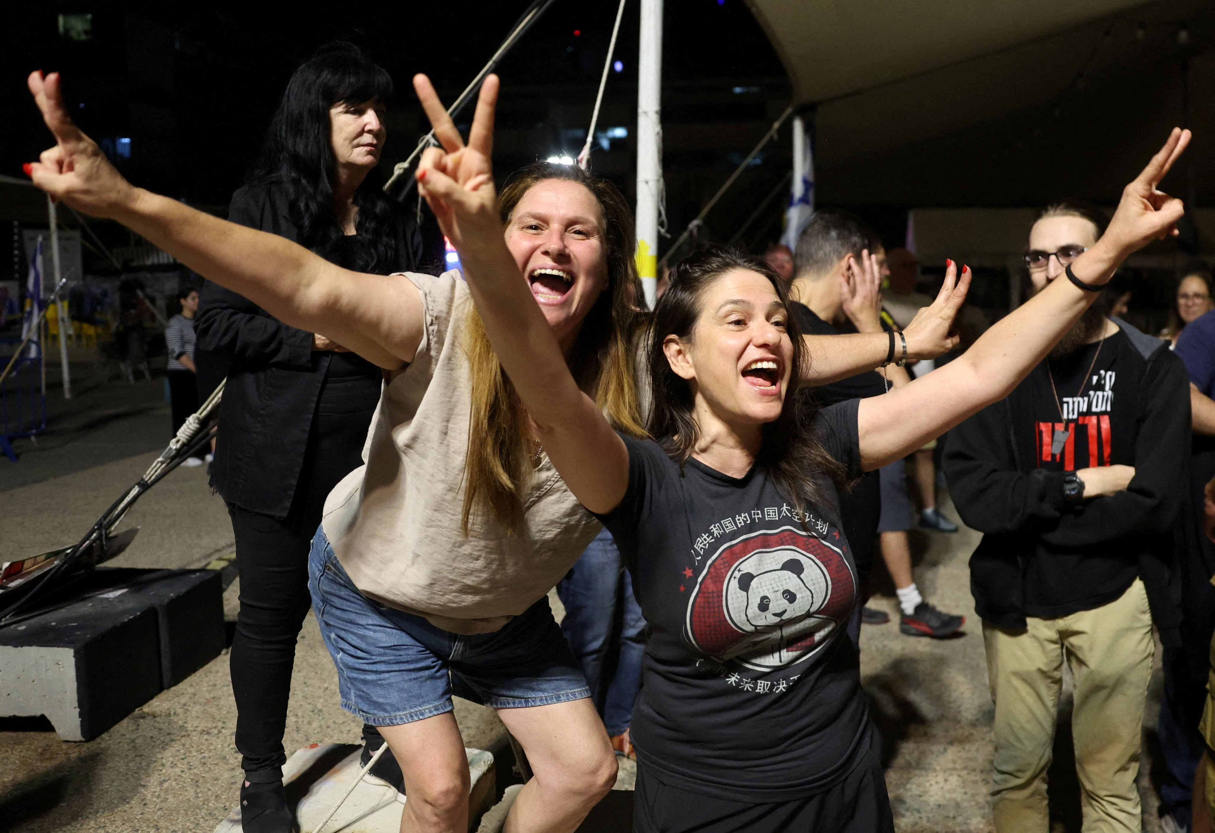 People celebrate the peace plan announcement at the ‘Hostages Square’ in Tel Aviv, Israel. Photo: Reuters