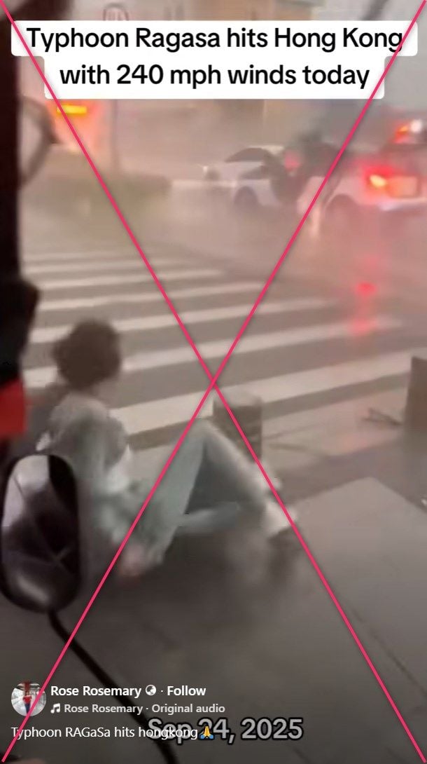 A screenshot from a video inaccurately linked to Super Typhoon Ragasa in Hong Kong. Photo: Facebook/SCMP composite
