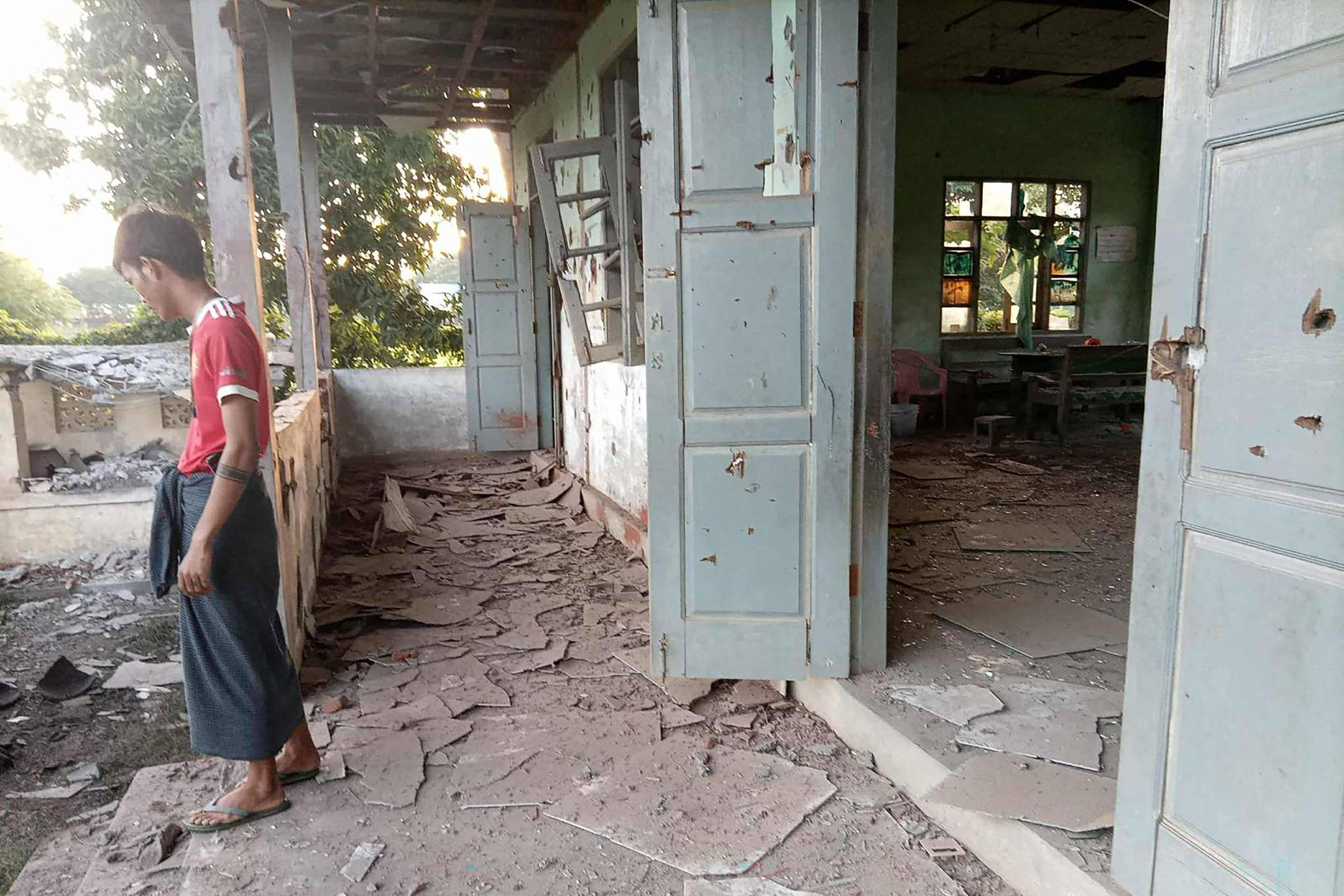 Damage to a building next to the site of a military strike on a protest in central Myanmar’s Chaung U township earlier this month. Photo: Facebook/Yebaw Hlyat Cee/AFP