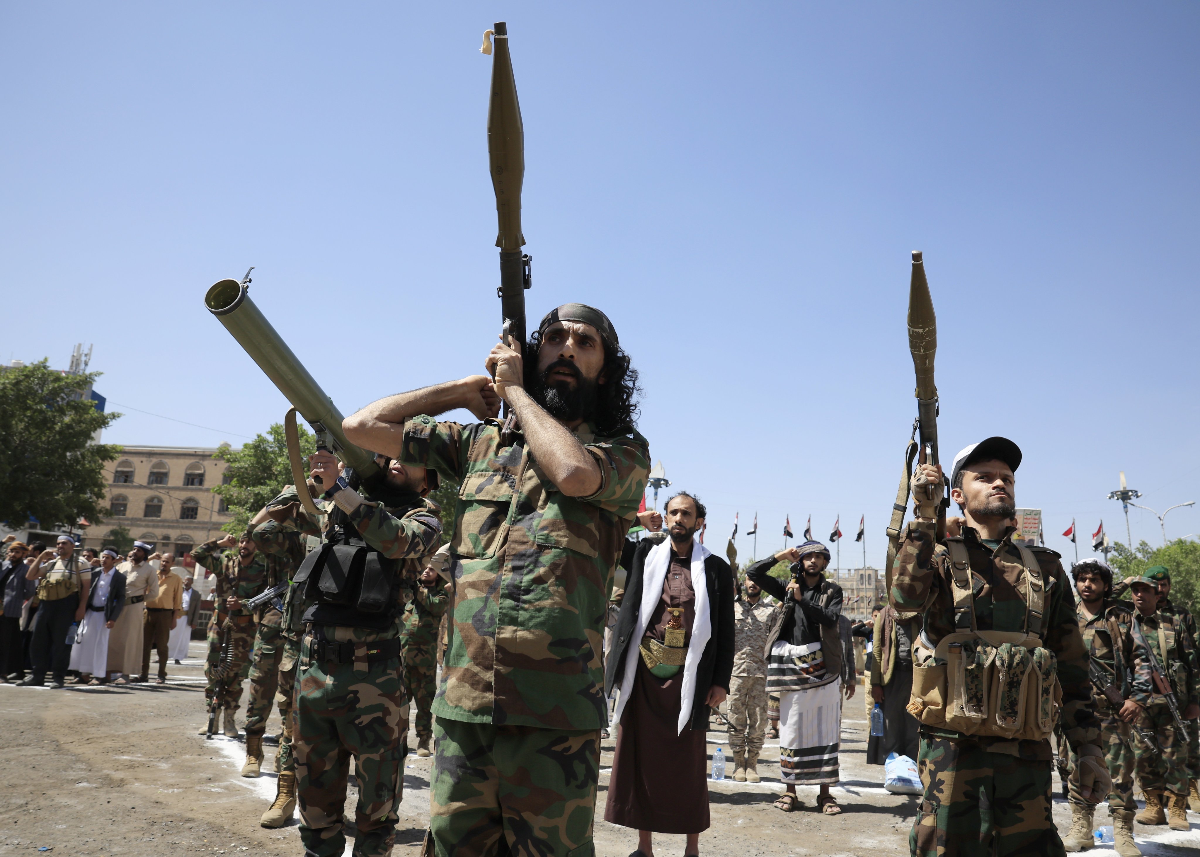 Houthi fighters in Sana’a, Yemen, mark the second anniversary of the October 7 attacks carried out by Hamas against Israel. Photo: EPA