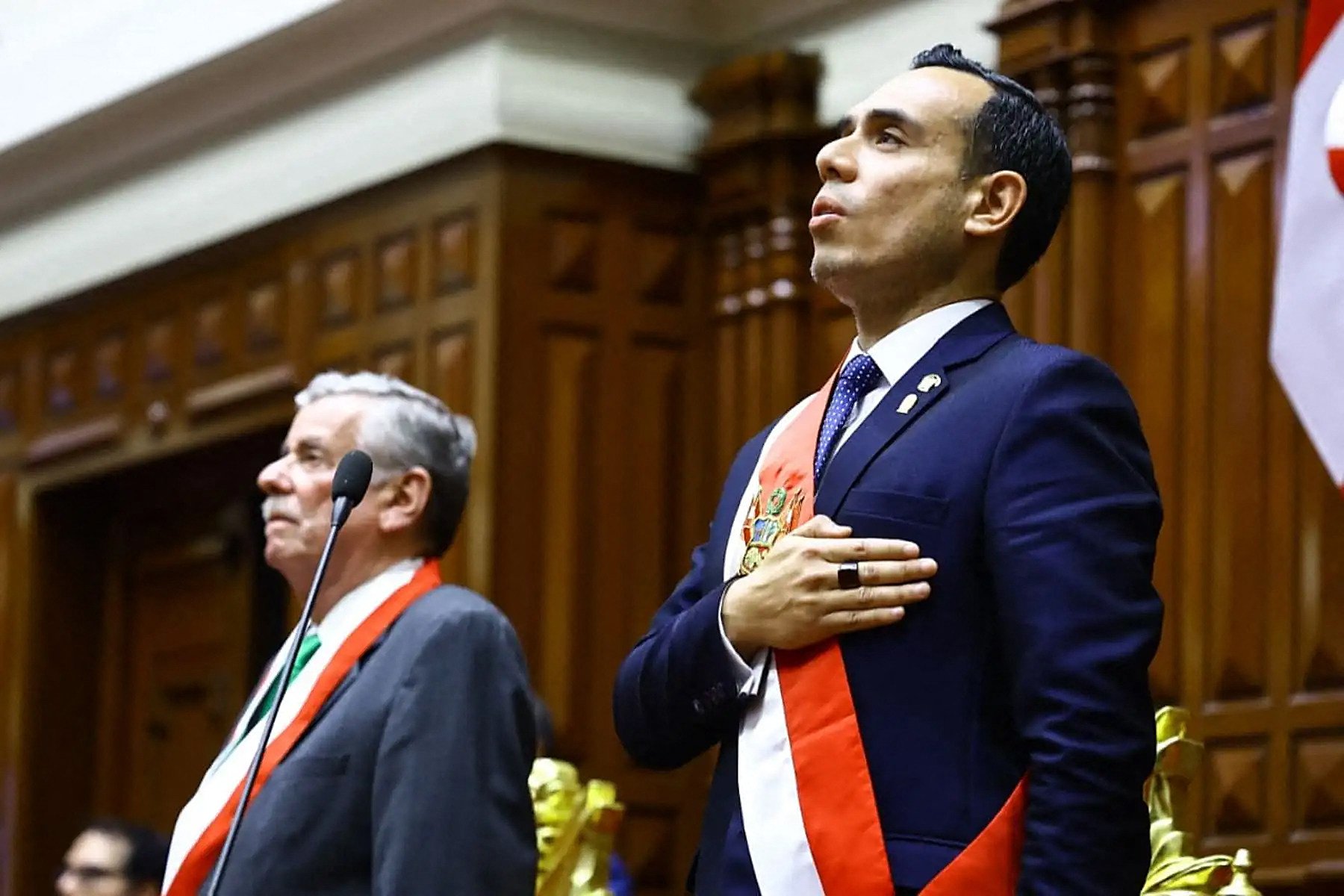 Peru’s new president, Jose Jeri, being sworn in during at the National Congress after lawmakers impeached former president Dina Boluarte. Photo: Andina via AFP