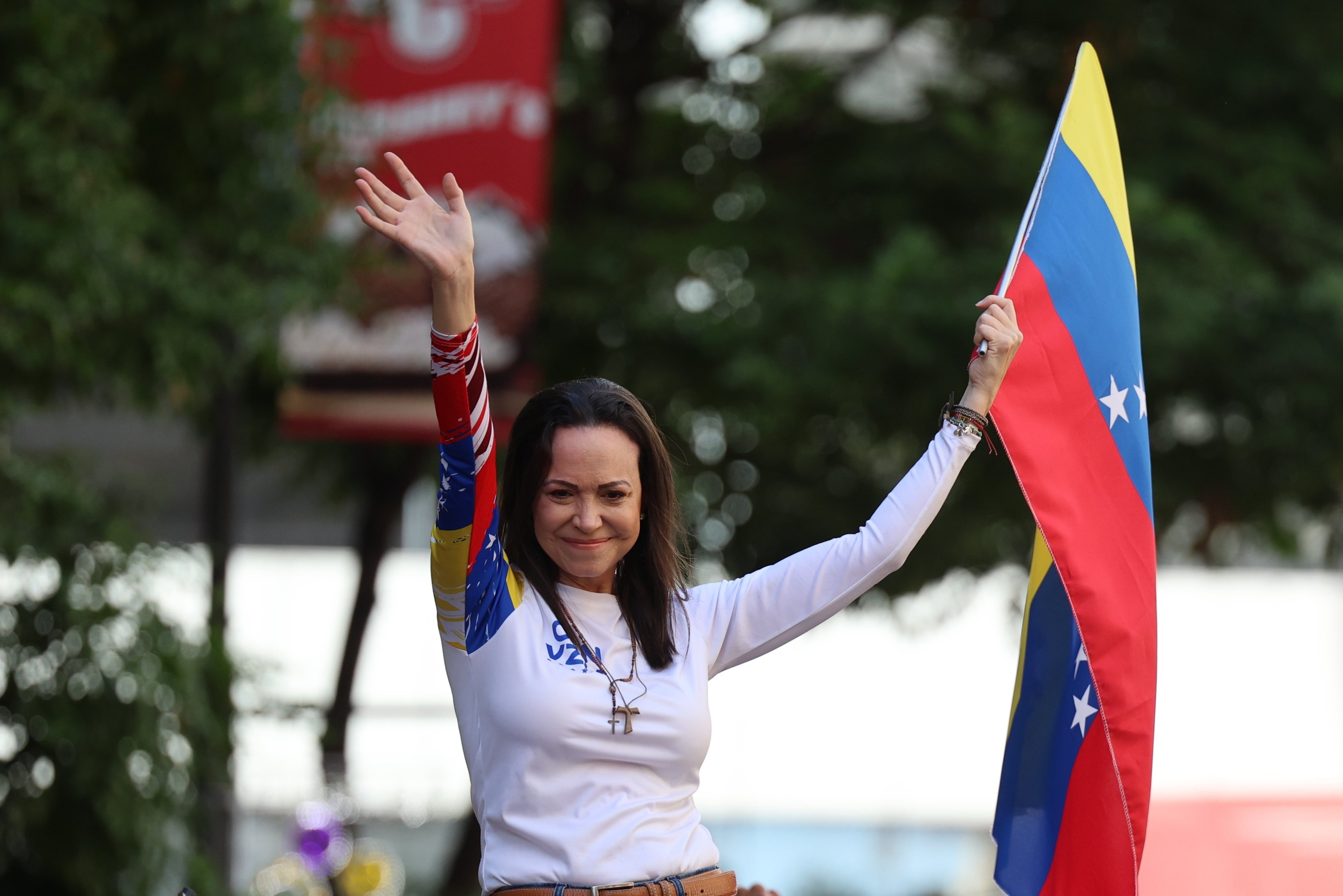 Maria Corina Machado speaks to supporters in Caracas, Venezuela, in January. Photo: EPA