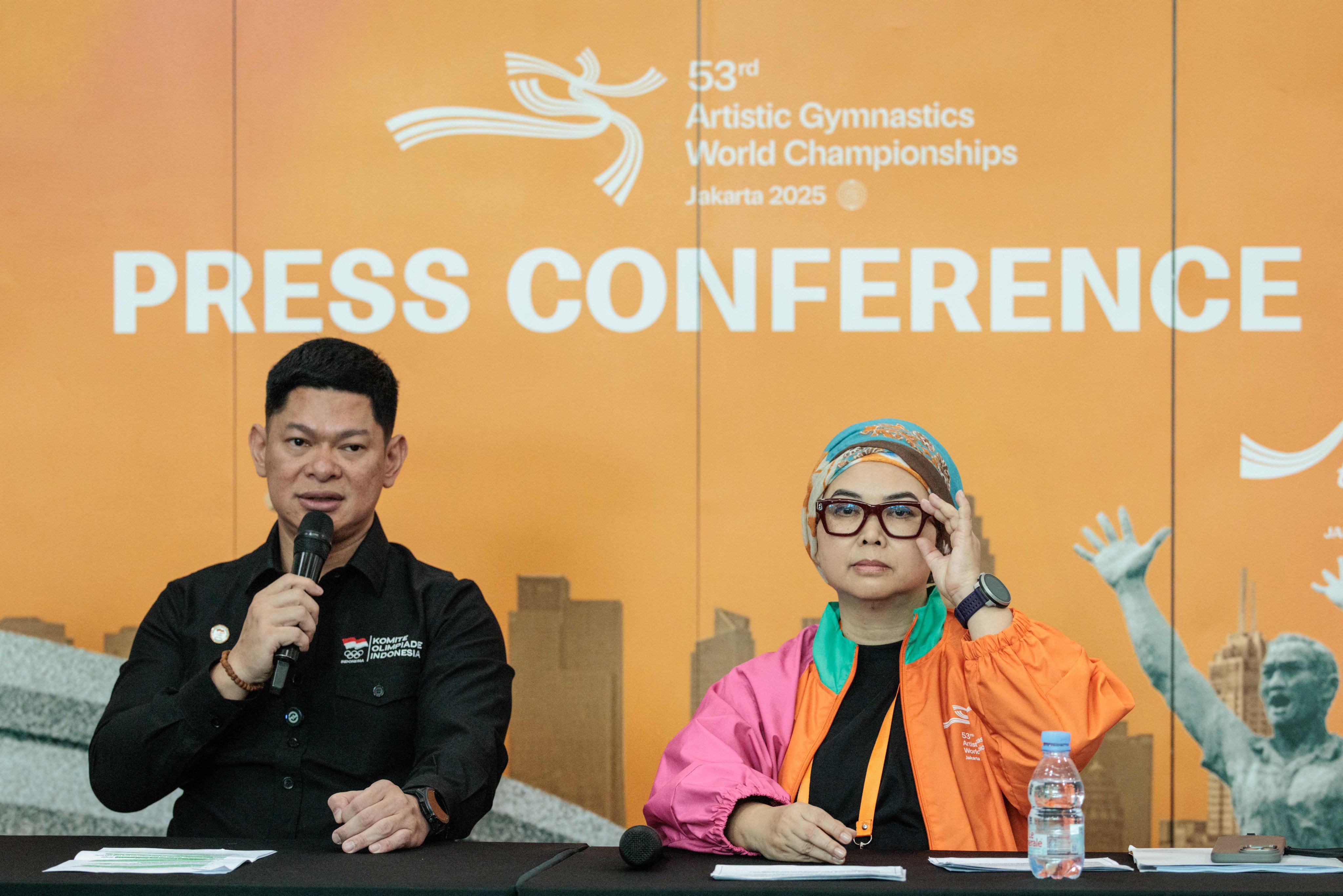 Indonesian Gymnastics Federation president Ita Yuliati (right) alongside Olympic committee president Raja Sapta Oktohari. Photo: AFP