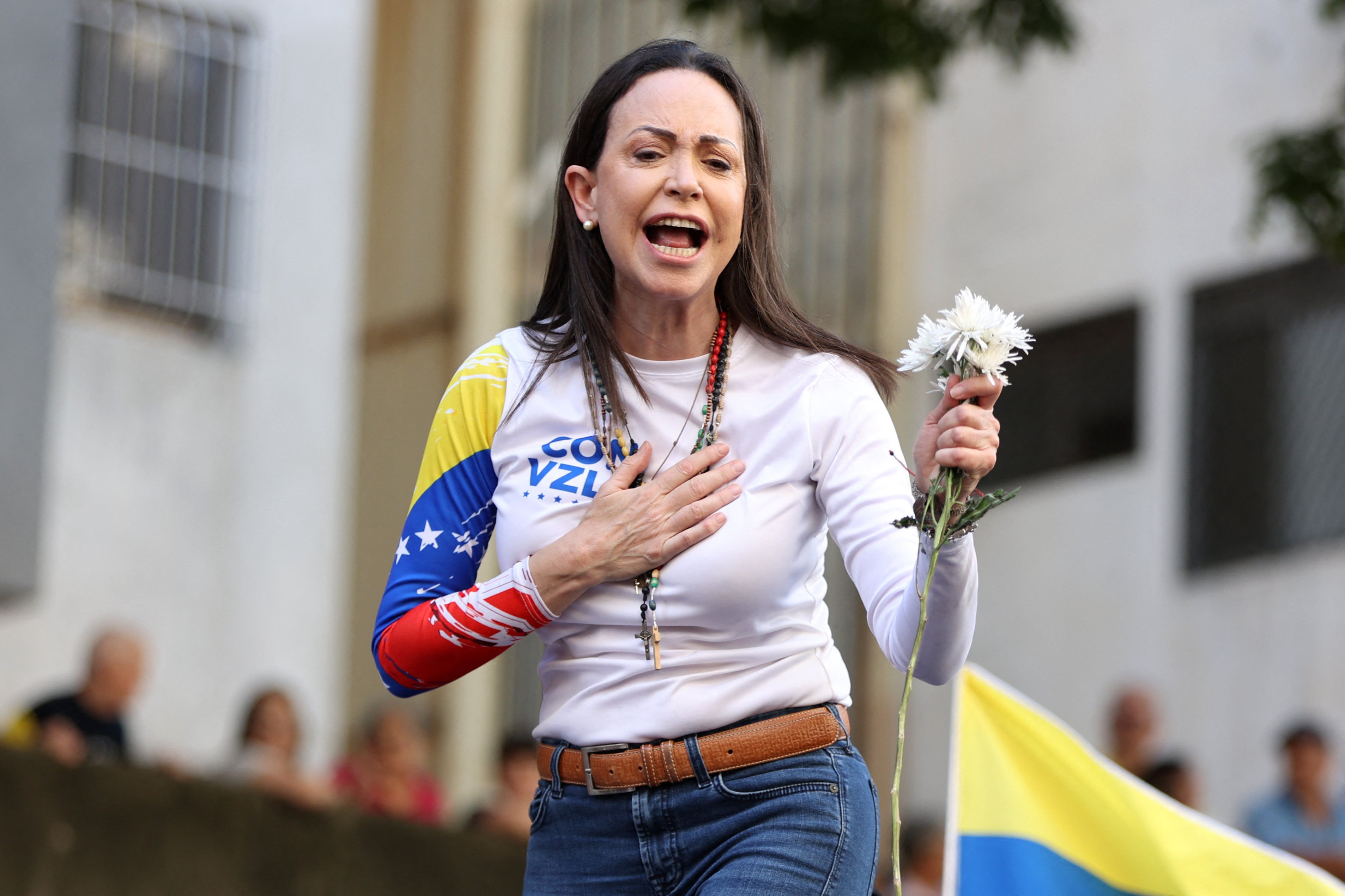 Venezuelan opposition leader Maria Corina Machado gestures supporters during a protest in Caracas in January. Photo: AFP