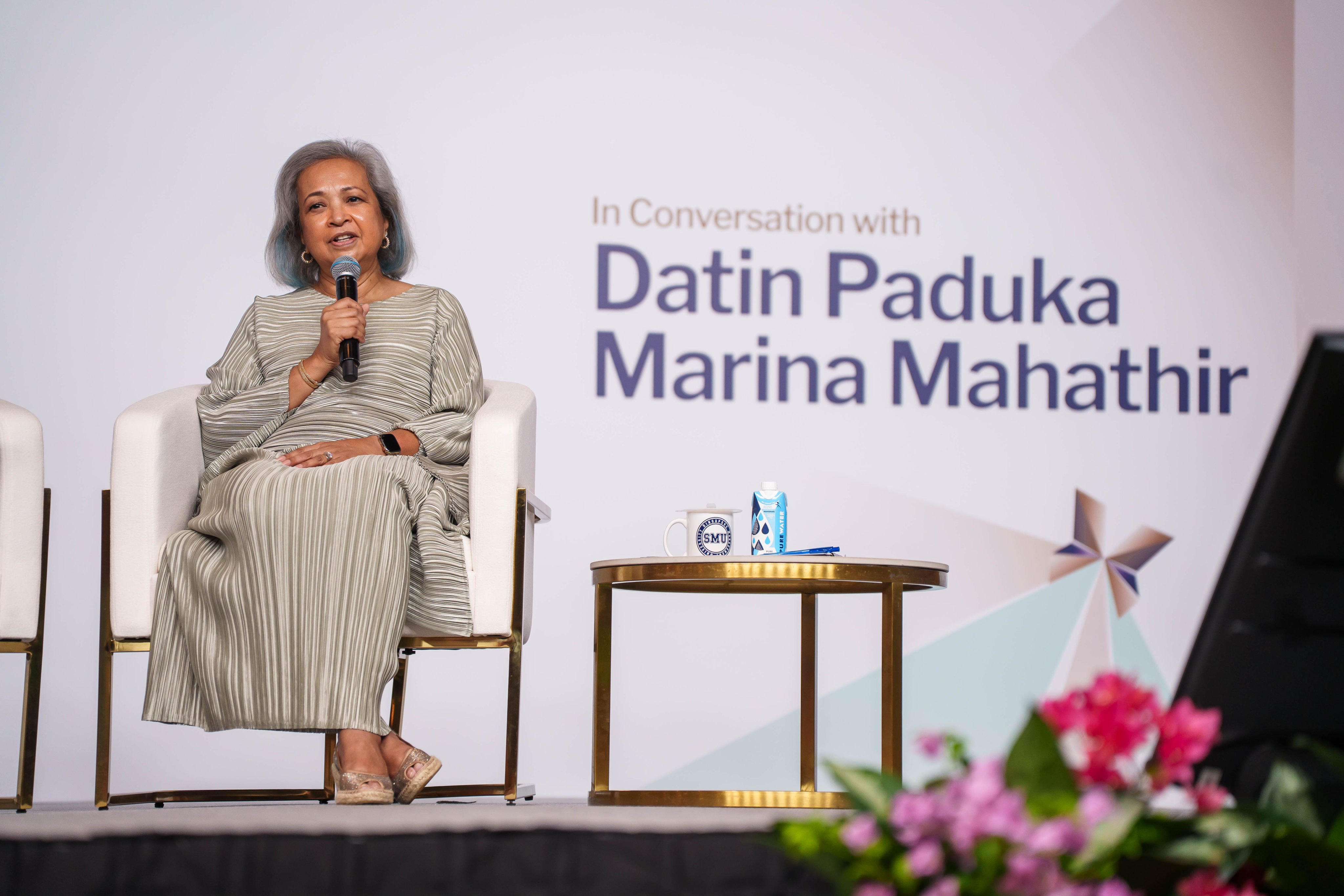Marina Mahathir speaks at the Karim Family Foundation Inspiring Women Leadership Lecture Series at Singapore Management University campus on Friday. Photo: Singapore Management University