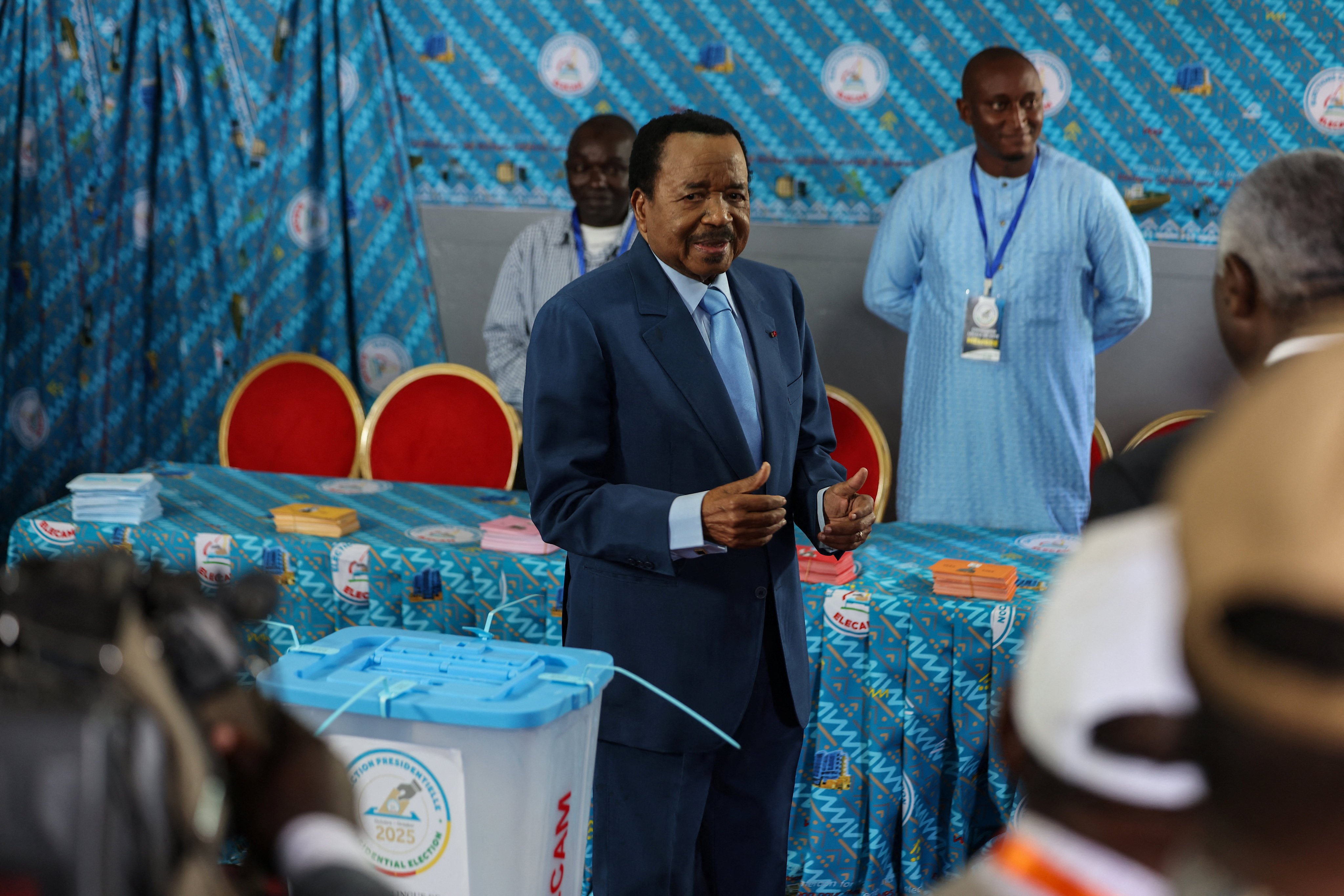 Cameroonian President Paul Biya, 92, reacts on Sunday after he casts his ballot during the presidential election. Photo: Reuters