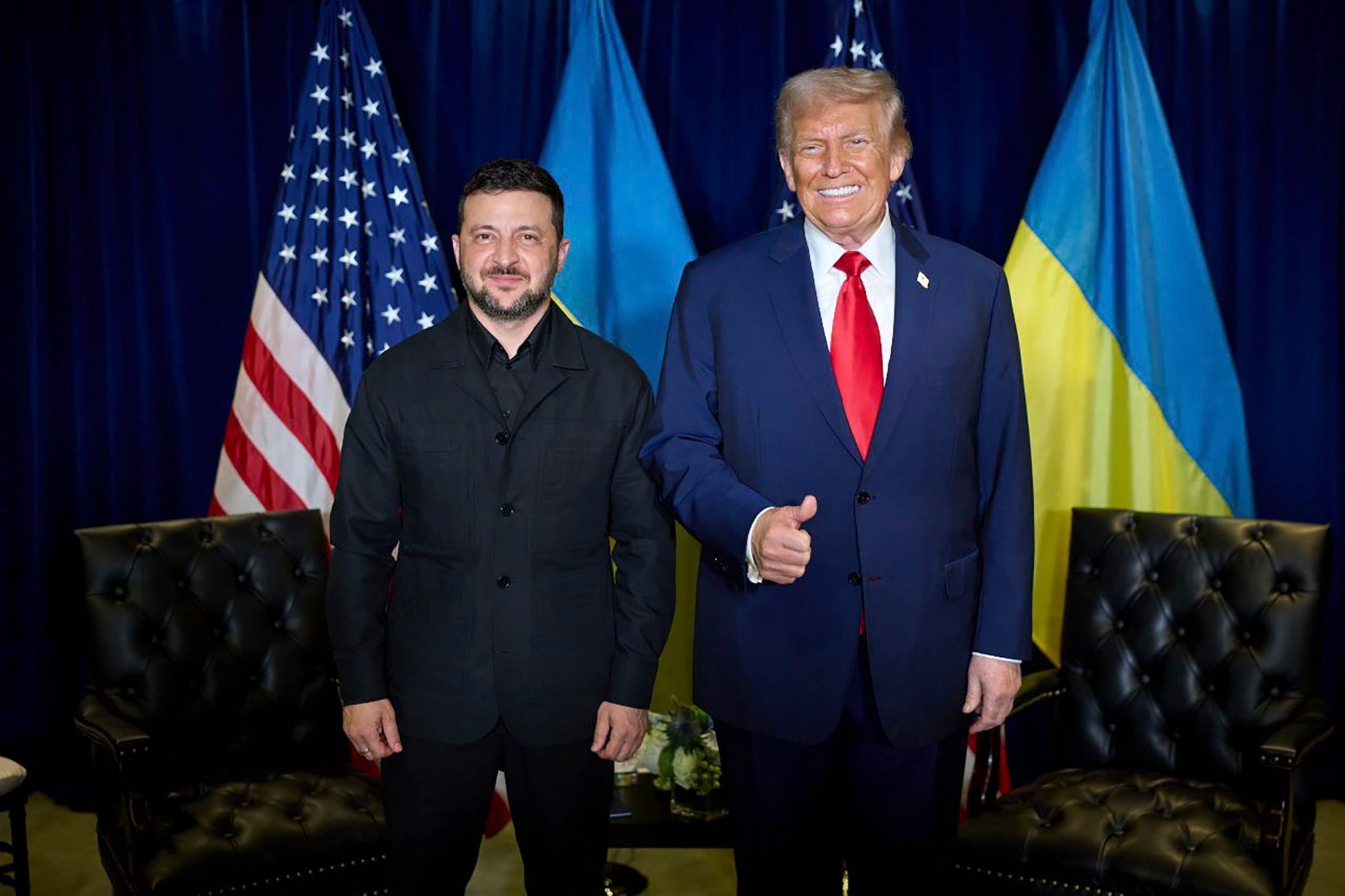 US President Donald Trump (right) and Ukrainian President Volodymyr Zelensky meet at UN headquarters in New York last month. Photo: Ukrainian Presidential Press Service/EPA