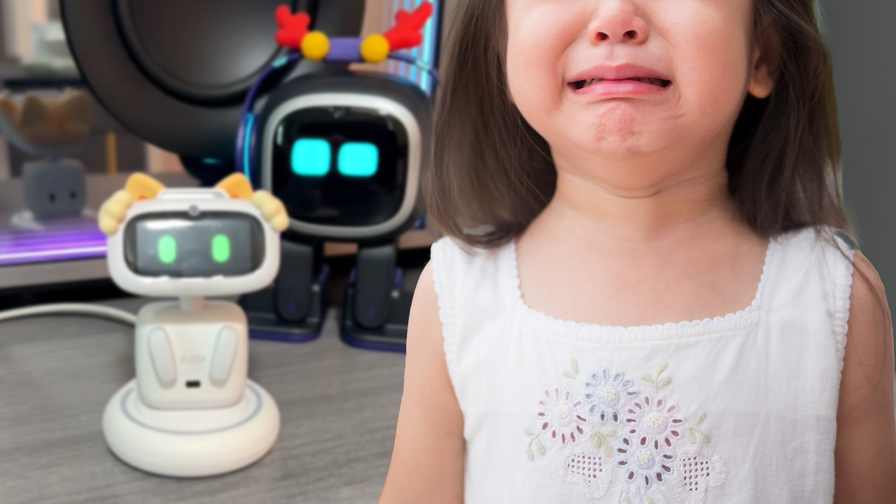A touching video emerged of a little girl crying as she bid farewell to her AI robot, which was being decommissioned after a fall. Photo: SCMP composite/Shutterstock/RedNote
