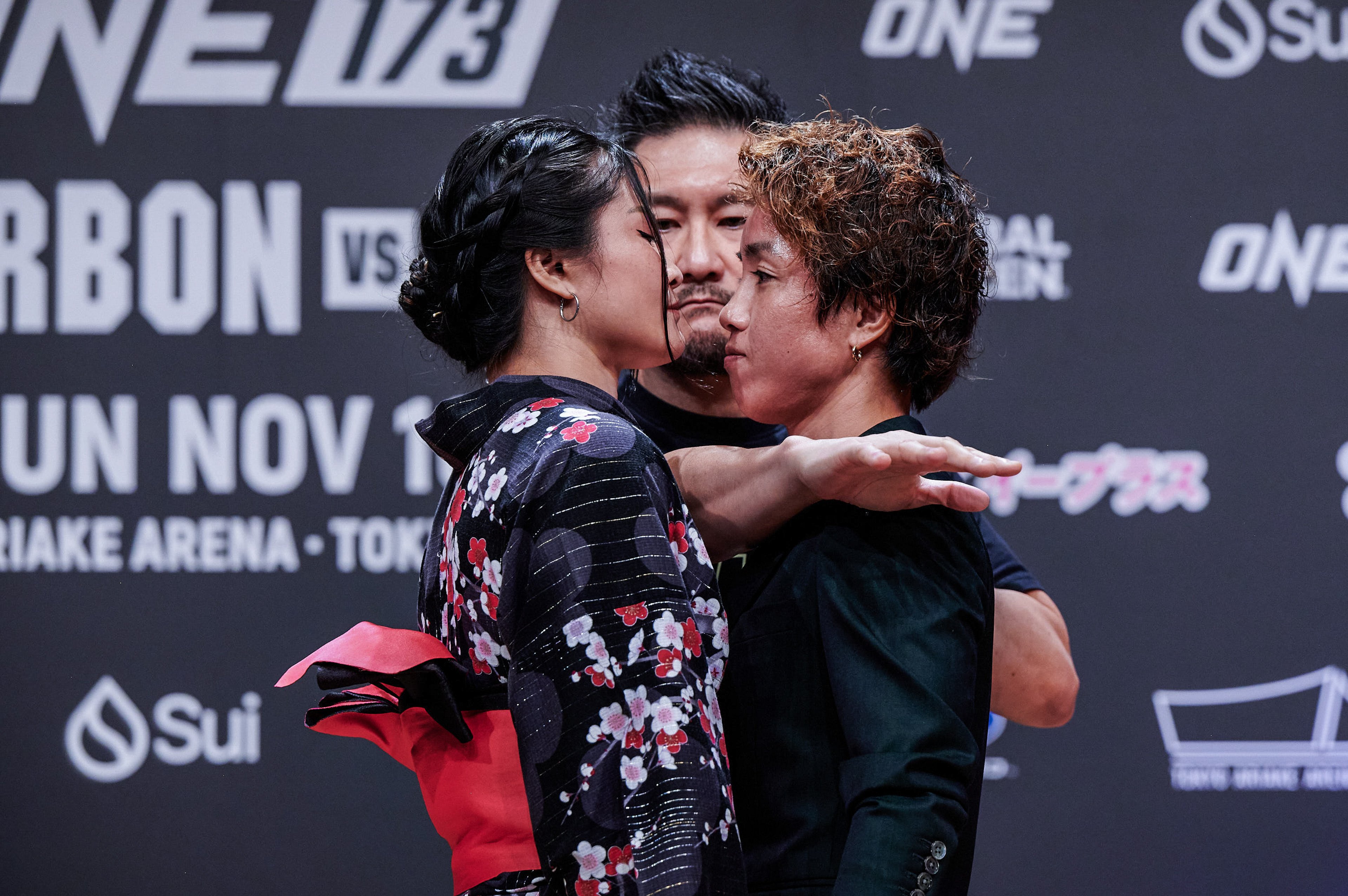 Kana Morimoto (right) said Stamp Fairtex (left), wearing a traditional yukata, was “kind of aggressive” at their pre-fight press conference in Tokyo. Photo: ONE Championship