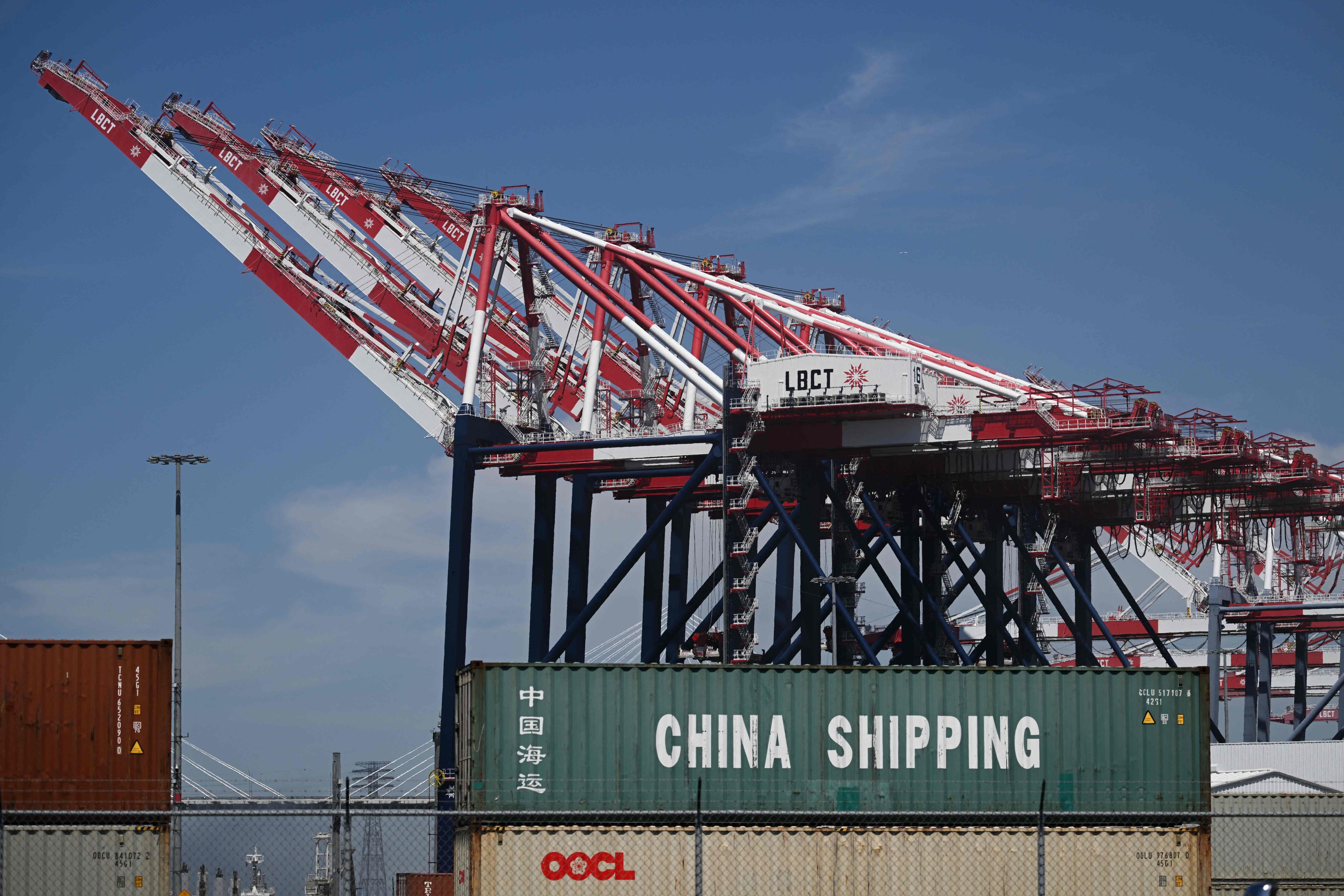 A China Shipping cargo container sits stacked at the Port of Long Beach in Long Beach, California, on April 10. Photo: AFP